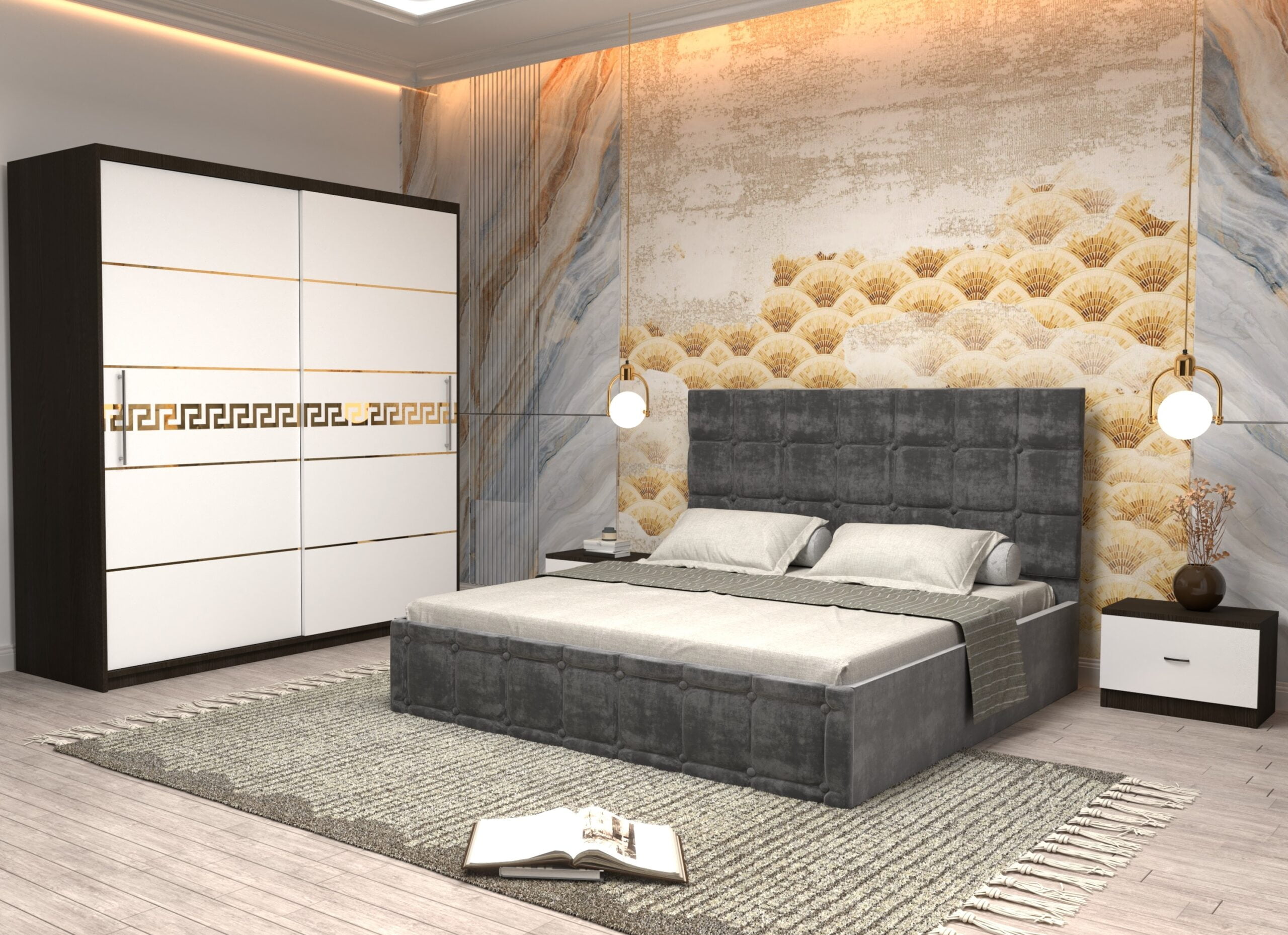 gri-14-scaled-1.jpg Dormitor Regal cu Pat Matrimonial Gri Stofa Dulap Gold usi glisante 200 x 200 cm Wenghe cu usi Albe Fara Oglinda si Noptiere - imagine 1