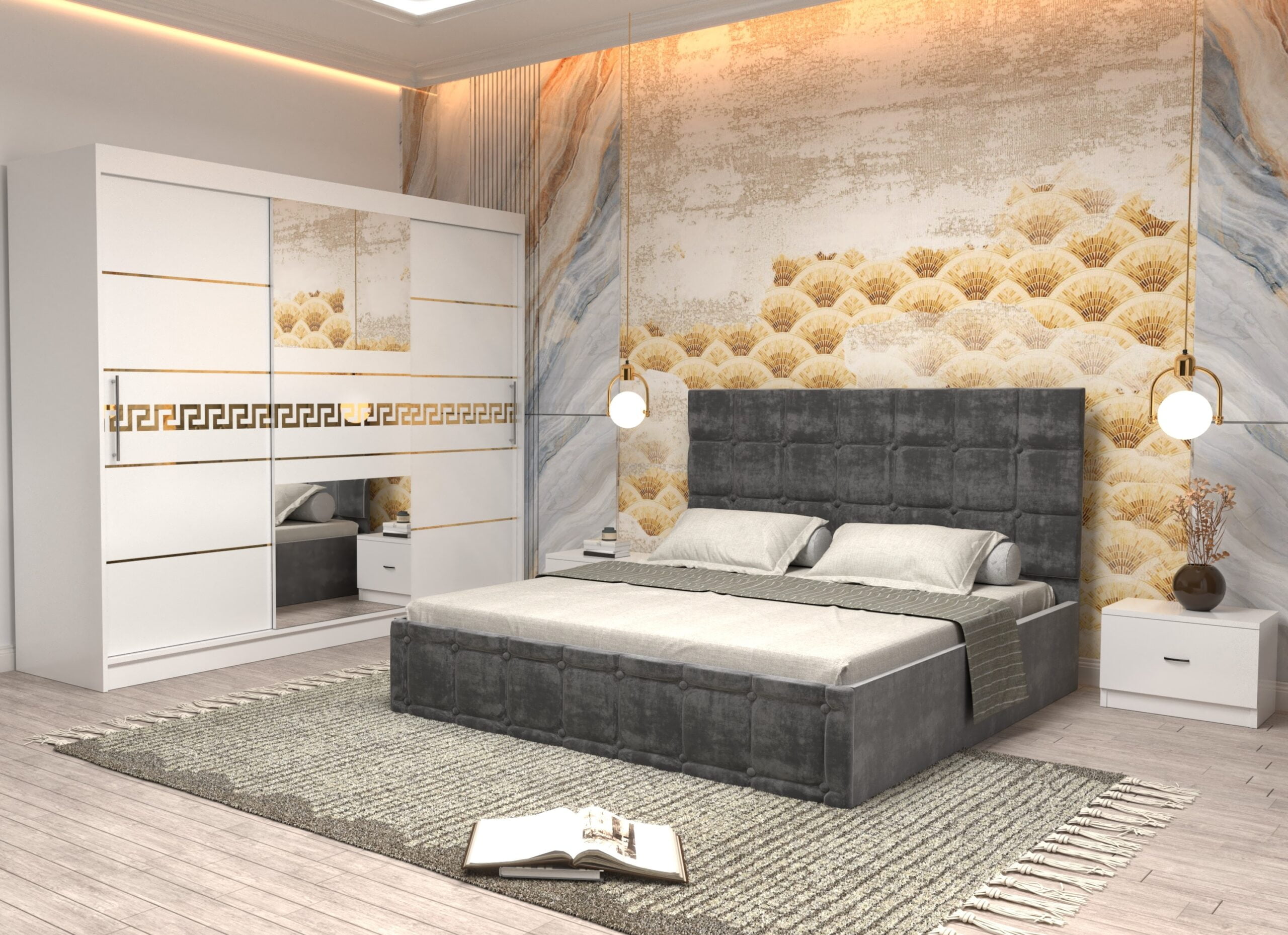 gri-5-scaled-1.jpg Dormitor Regal cu Pat Matrimonial Gri Stofa Dulap Gold usi glisante 250 x 200 cm Alb cu usi Albe Cu Oglinda si Noptiere - imagine 1