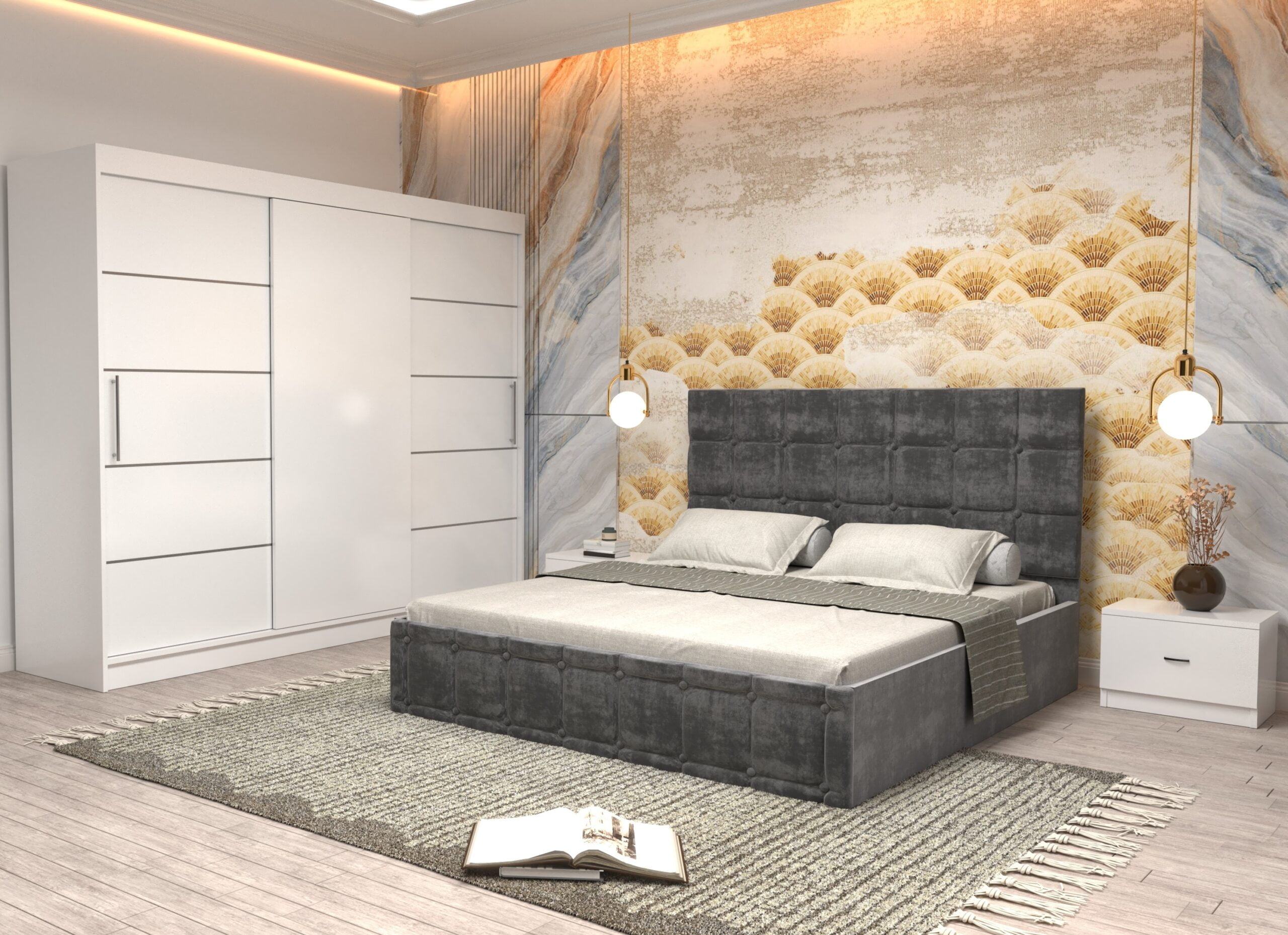 gri-6-scaled-1.jpg Dormitor Regal cu Pat Matrimonial Gri Stofa Dulap usi glisante 250 x 200 cm Alb cu usi Albe Fara Oglinda si Noptiere - imagine 1