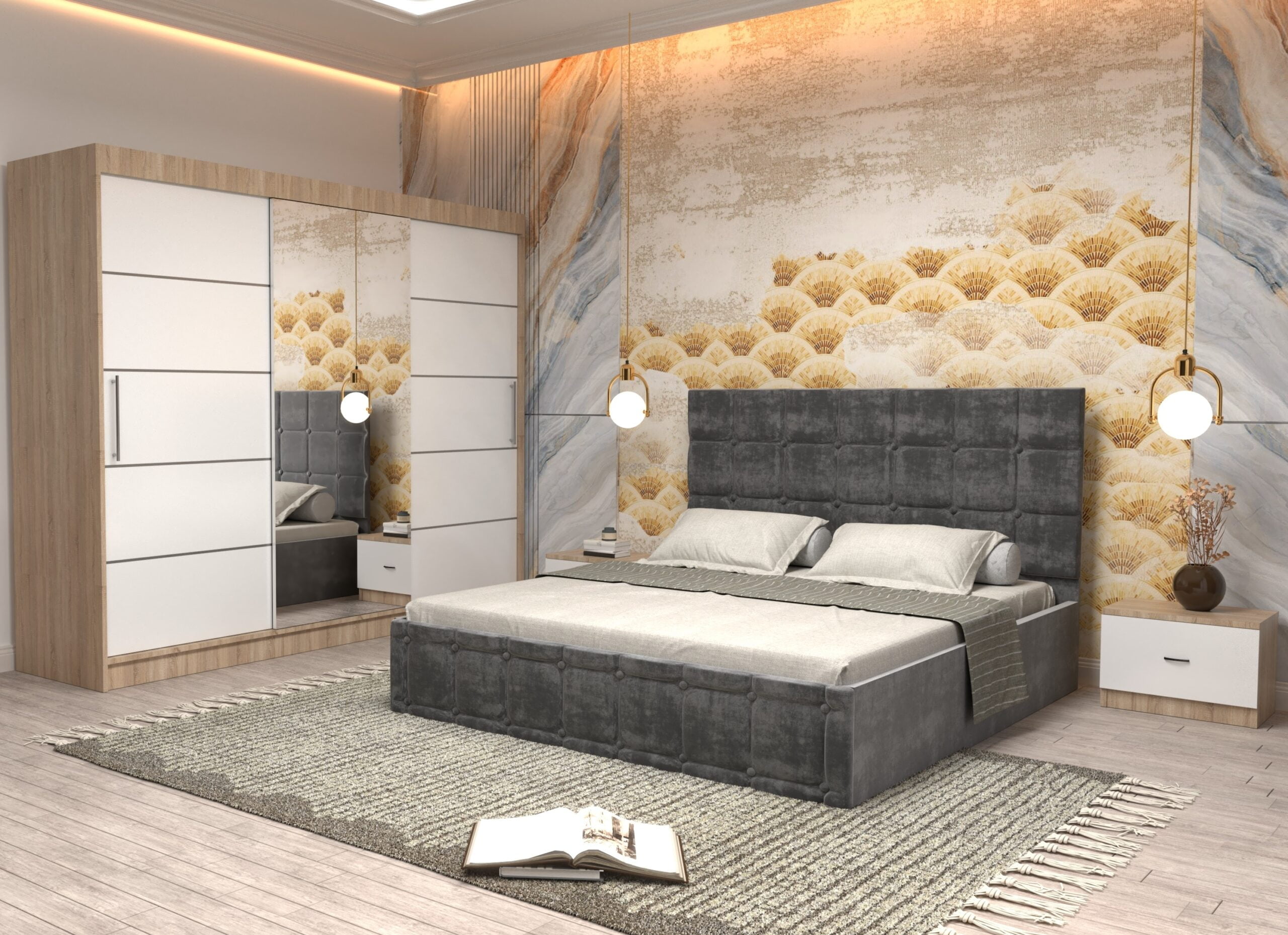 gri-7-scaled-1.jpg Dormitor Regal cu Pat Matrimonial Gri Stofa Dulap usi glisante 250 x 200 cm Sonoma cu usi Albe Cu Oglinda si Noptiere - imagine 1