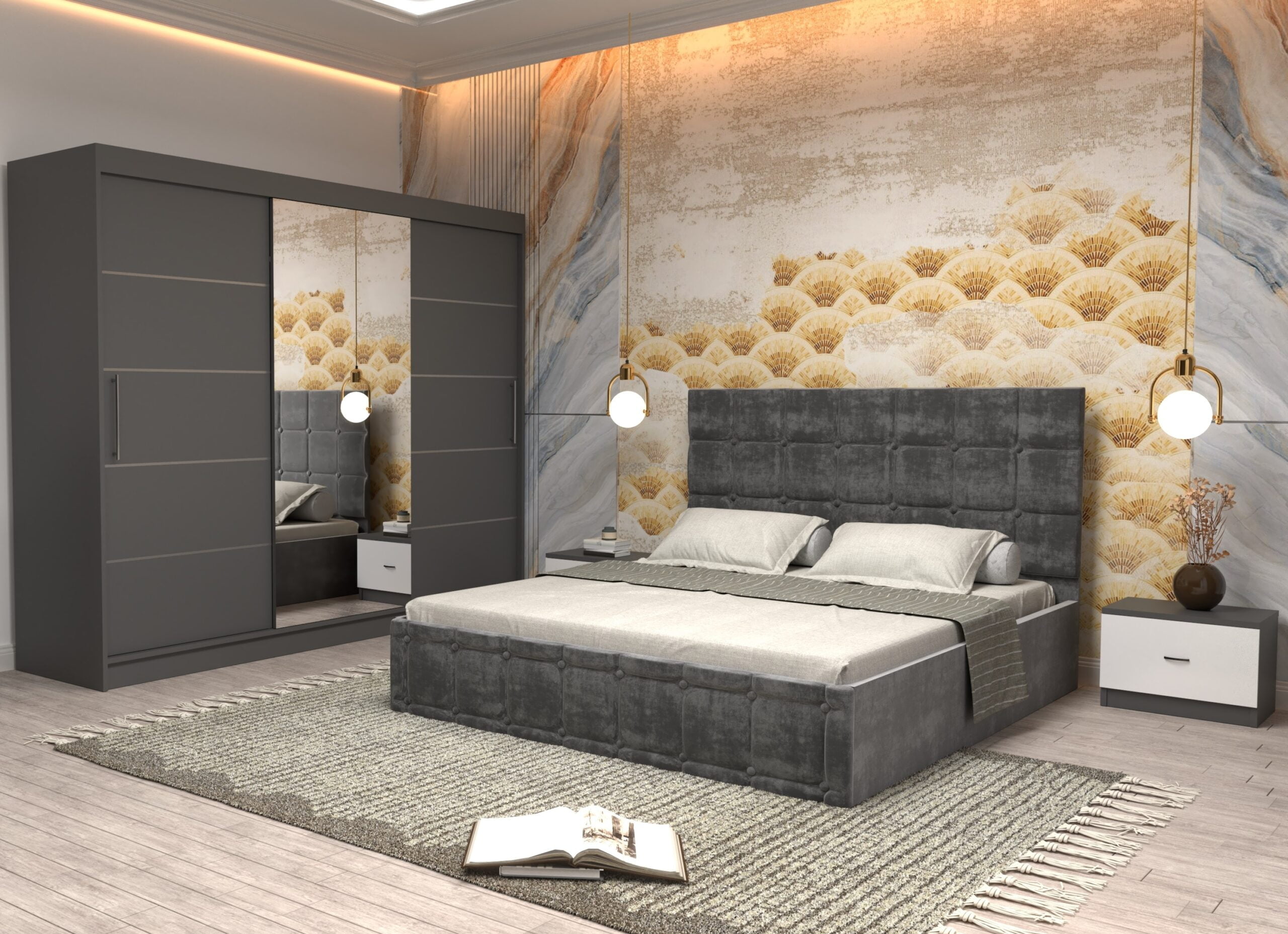 gri-9-scaled-1.jpg Dormitor Regal cu Pat Matrimonial Gri Stofa Dulap usi glisante 250 x 200 cm Gri cu usi Gri Cu Oglinda si Noptiere - imagine 1