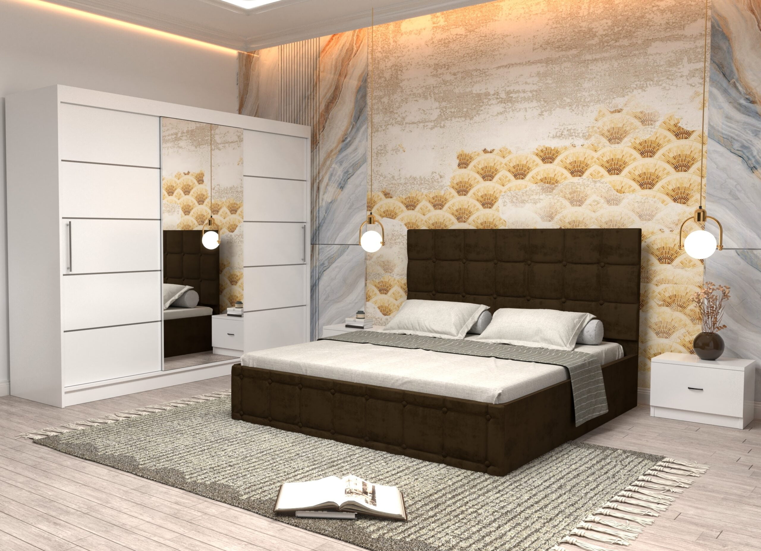 maro-1-scaled-1.jpg Dormitor Regal cu Pat Matrimonial Maro Stofa Dulap usi glisante 250 x 200 cm Alb cu usi Albe Cu Oglinda si Noptiere - imagine 1