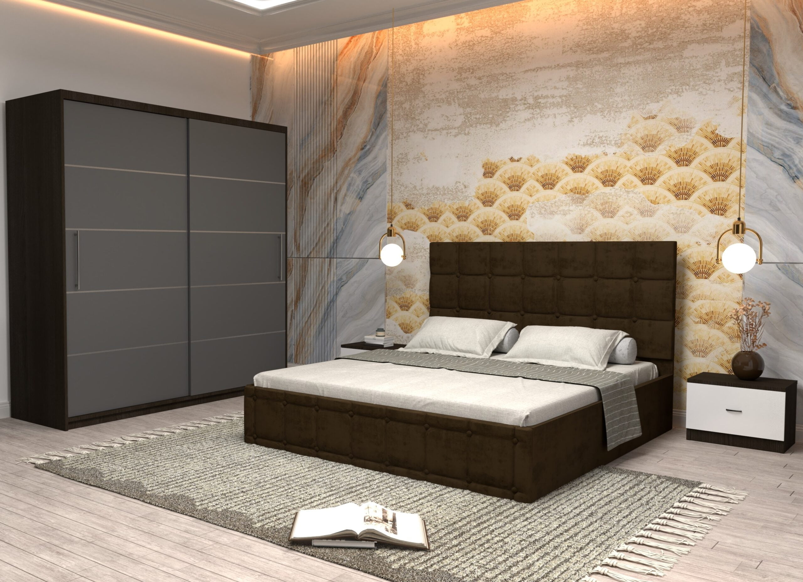 maro-17-scaled-1.jpg Dormitor Regal cu Pat Matrimonial Maro Stofa Dulap usi glisante 200 x 200 cm Wenghe cu usi Gri Fara Oglinda si Noptiere - imagine 1