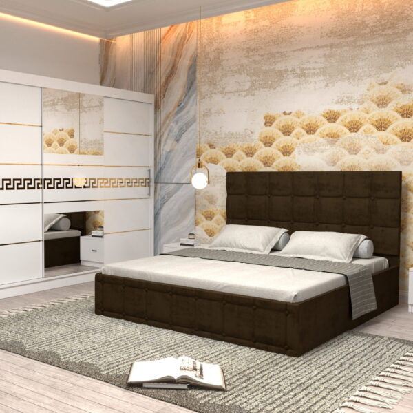 Dormitor Regal cu Pat Matrimonial Maro Stofa Dulap Gold usi glisante 250 x 200 cm Alb cu usi Albe Cu Oglinda si Noptiere