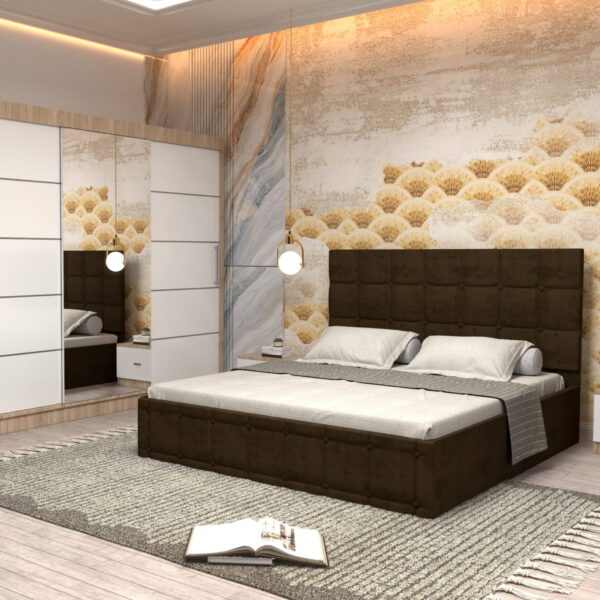 Dormitor Regal cu Pat Matrimonial Maro Stofa Dulap usi glisante 250 x 200 cm Sonoma cu usi Albe Cu Oglinda si Noptiere