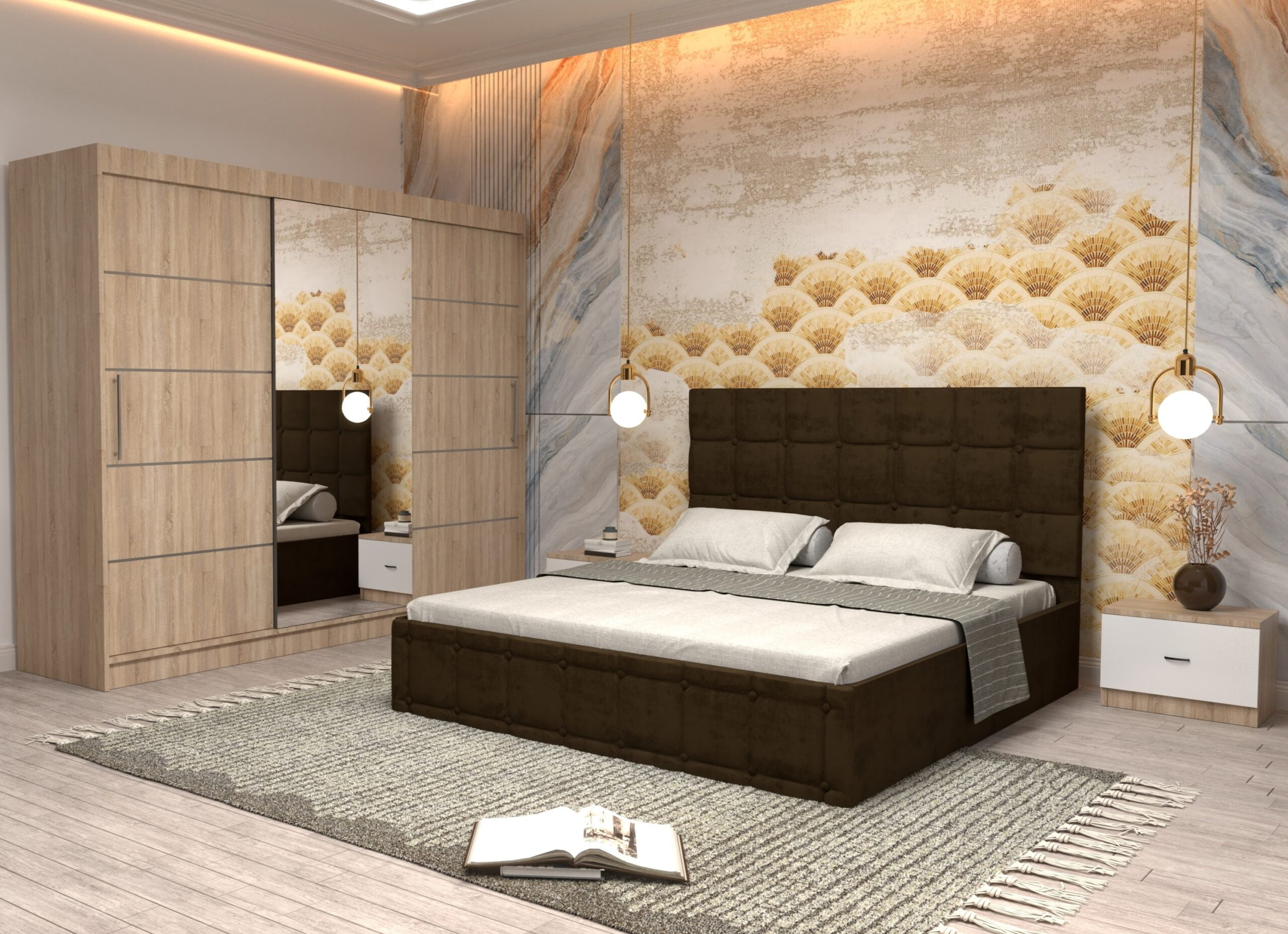 maro-8-scaled-1.jpg Dormitor Regal cu Pat Matrimonial Maro Stofa Dulap usi glisante 250 x 200 cm Sonoma cu usi Sonoma Cu Oglinda si Noptiere - imagine 1