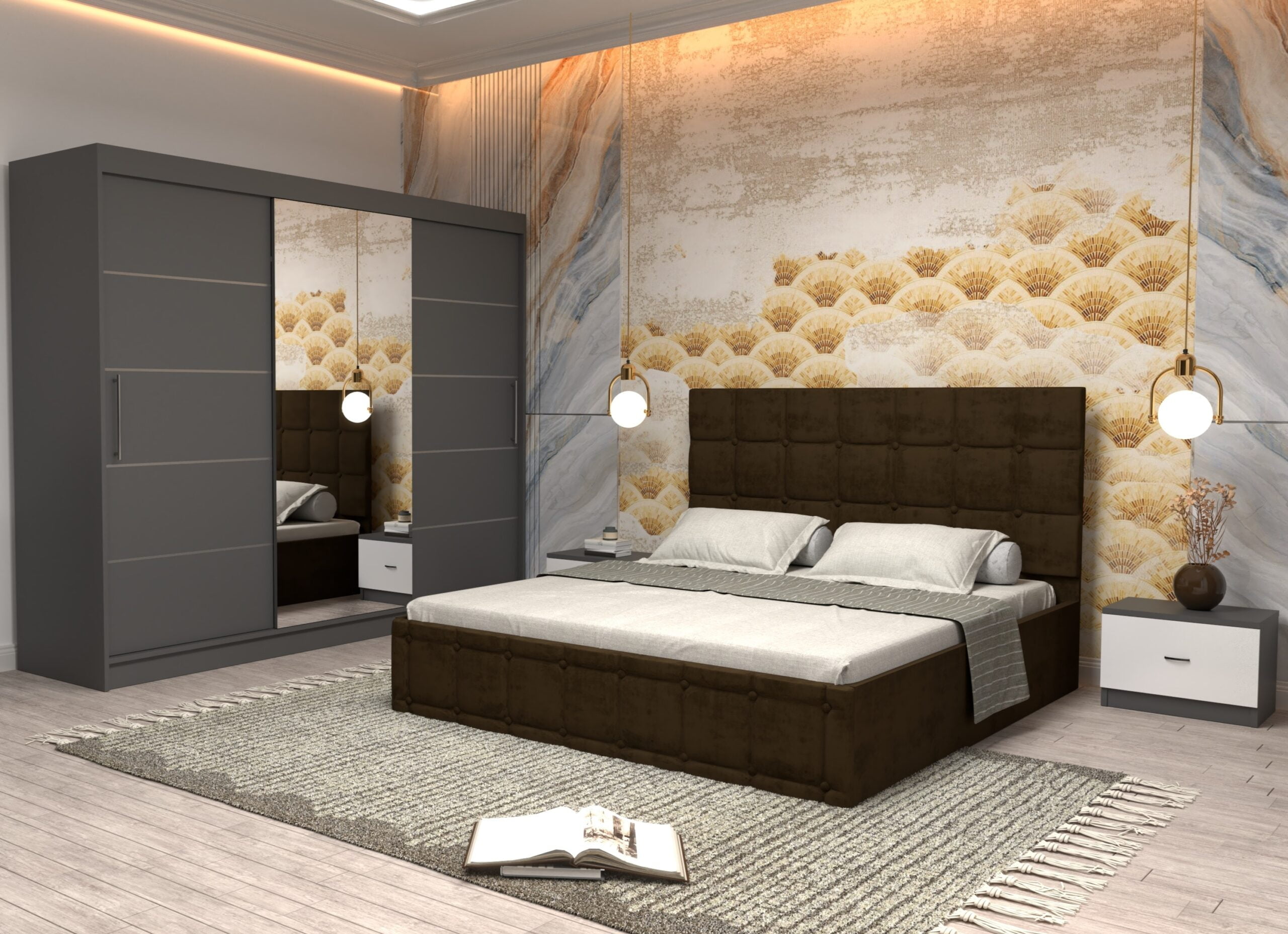 maro-9-scaled-1.jpg Dormitor Regal cu Pat Matrimonial Maro Stofa Dulap usi glisante 250 x 200 cm Gri cu usi Gri Cu Oglinda si Noptiere - imagine 1