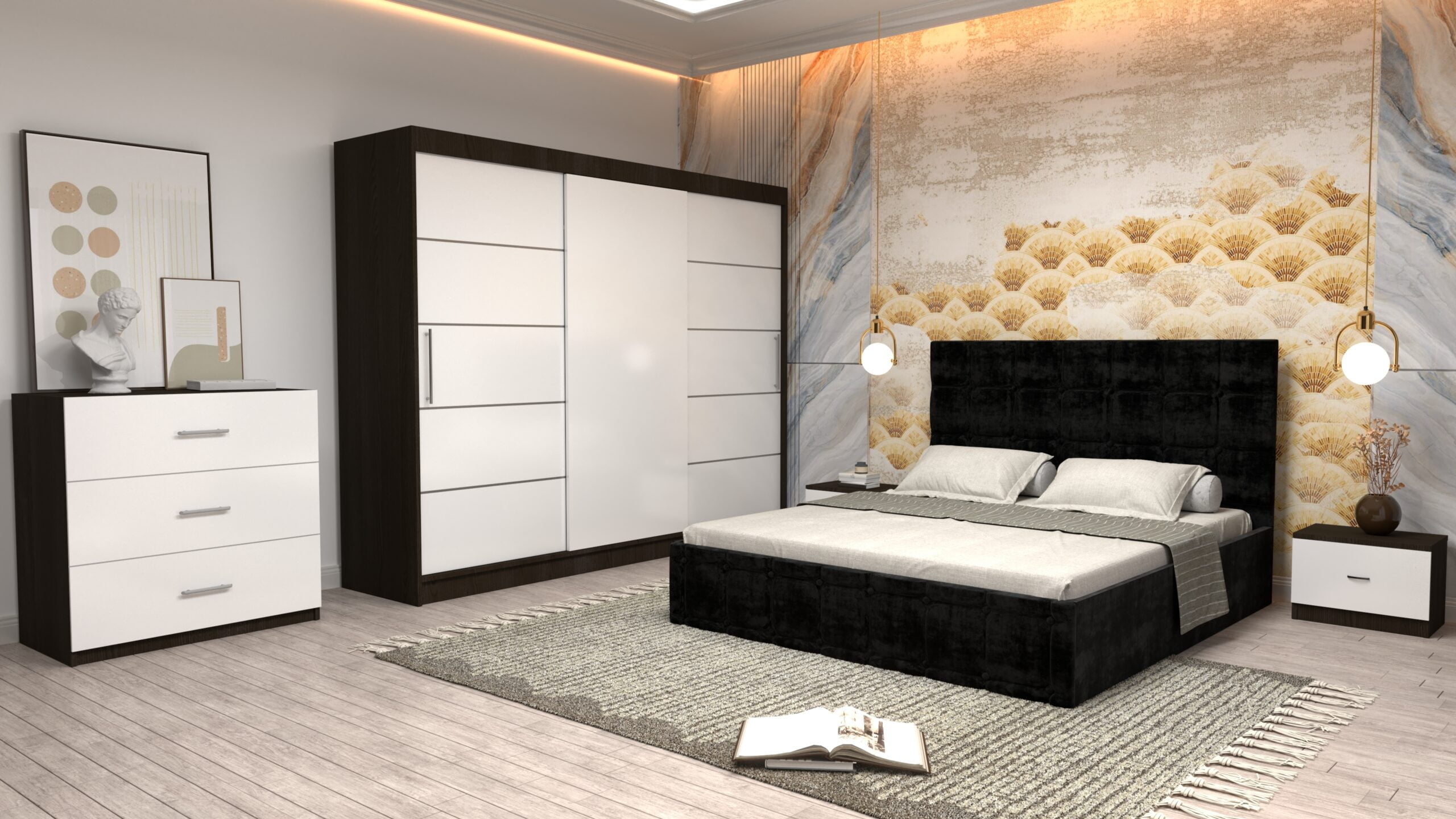 n15-scaled-1.jpg Dormitor Regal cu Pat Matrimonial Negru Stofa Dulap usi glisante 250 x 200 cm Wenghe cu usi Albe Fara Oglinda Noptiere si comoda TV - imagine 1