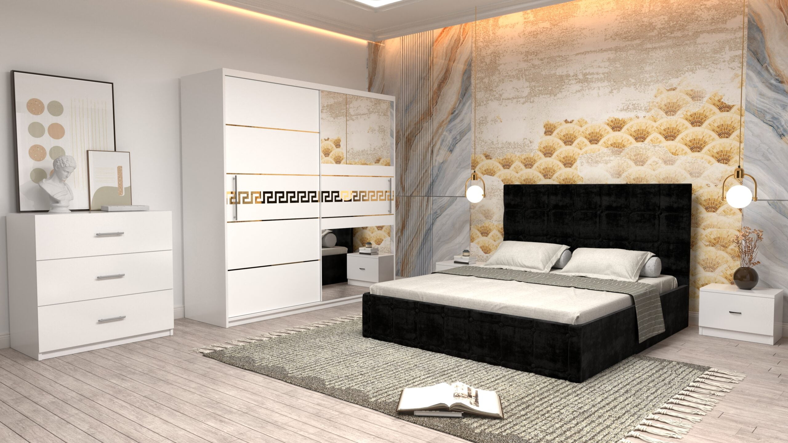 n18-scaled-1.jpg Dormitor Regal cu Pat Matrimonial Negru Stofa Dulap Gold usi glisante 200 x 200 cm Alb cu usi Albe Cu Oglinda Noptiere si comoda TV - imagine 1