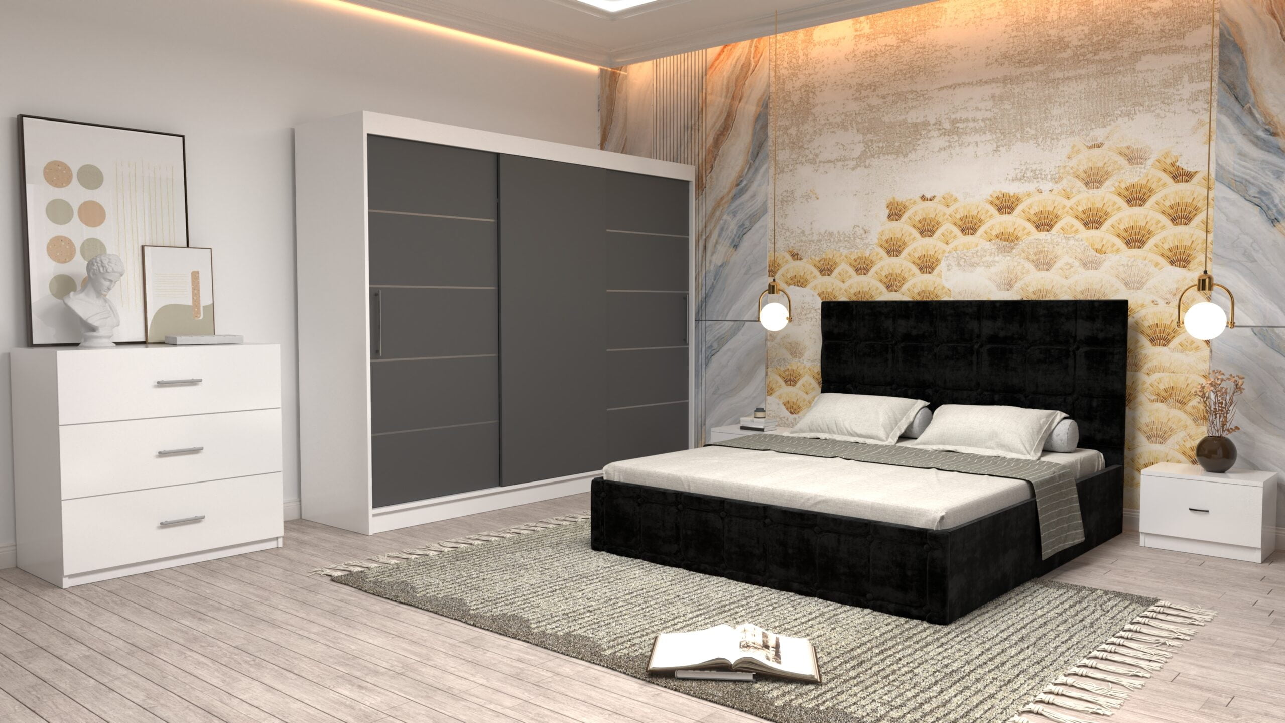 n2-scaled-1.jpg Dormitor Regal cu Pat Matrimonial Negru Stofa Dulap usi glisante 250 x 200 cm Alb cu usi Gri Fara Oglinda Noptiere si comoda TV - imagine 1