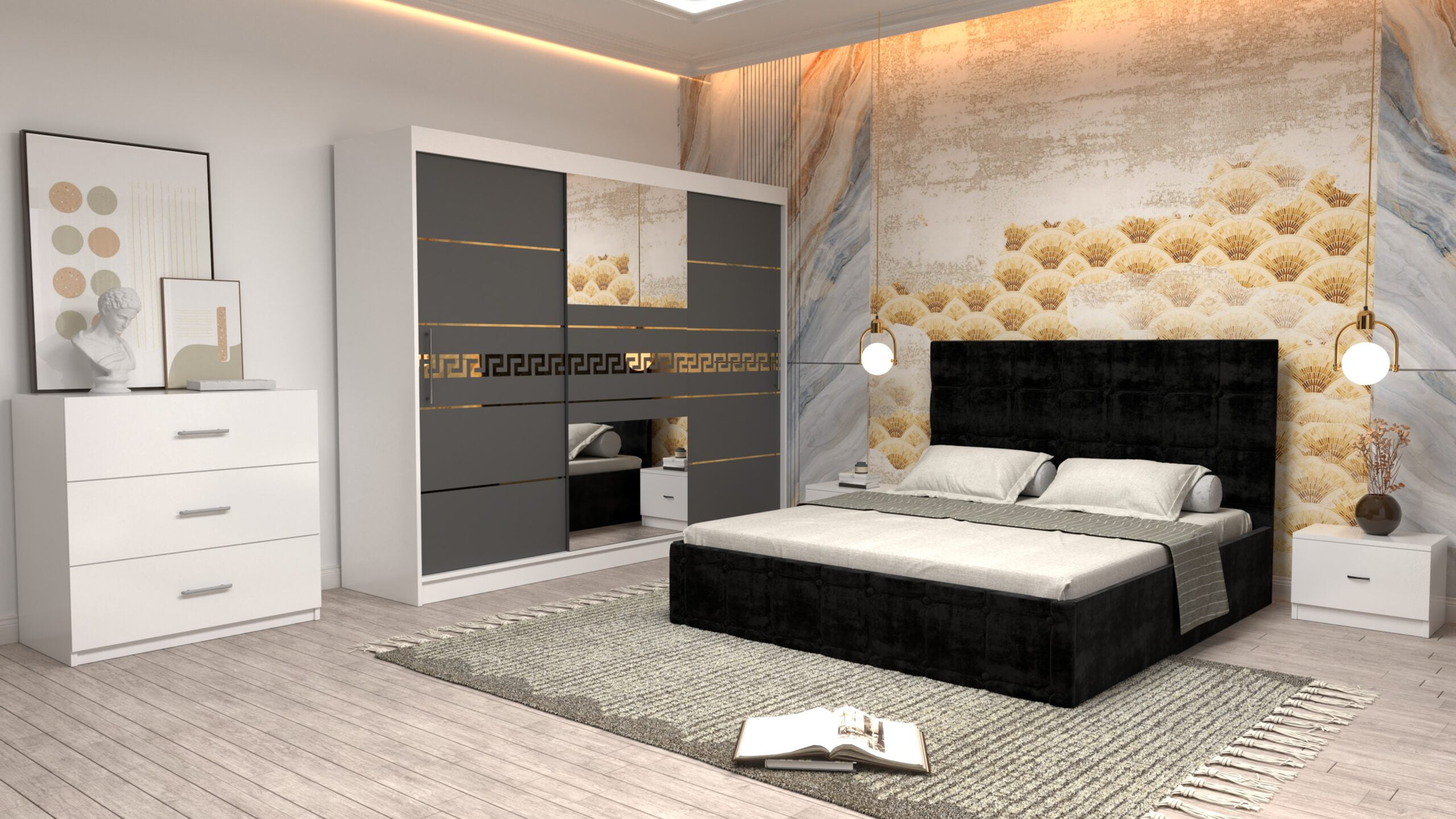 n3-scaled-1.jpg Dormitor Regal cu Pat Matrimonial Negru Stofa Dulap Gold usi glisante 250 x 200 cm Alb cu usi Gri cu Oglinda Noptiere si comoda TV - imagine 1