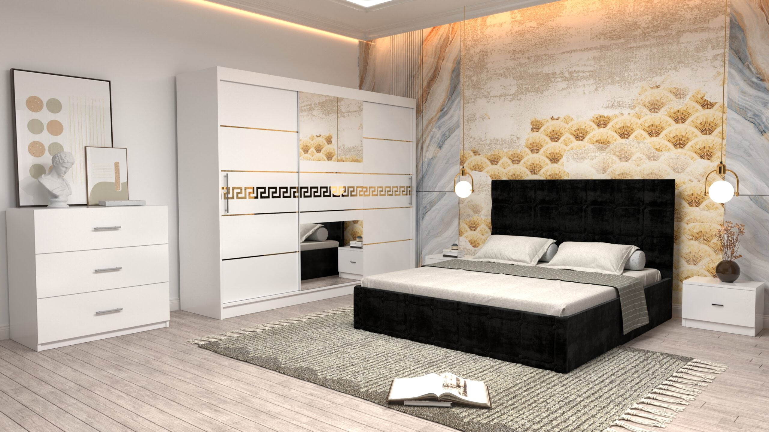 n5-scaled-1.jpg Dormitor Regal cu Pat Matrimonial Negru Stofa Dulap Gold usi glisante 250 x 200 cm Alb cu usi Albe Cu Oglinda Noptiere si comoda TV - imagine 1