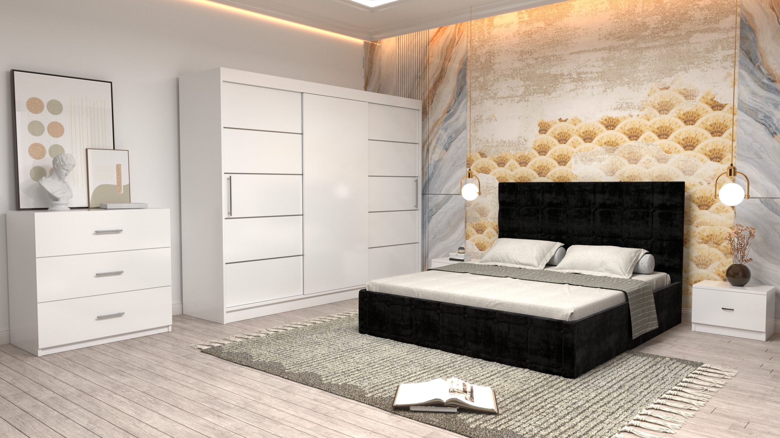 n6b-scaled-1.jpg Dormitor Regal cu Pat Matrimonial Negru Stofa Dulap usi glisante 250 x 200 cm Alb cu usi Albe Fara Oglinda Noptiere si comoda TV - imagine 1