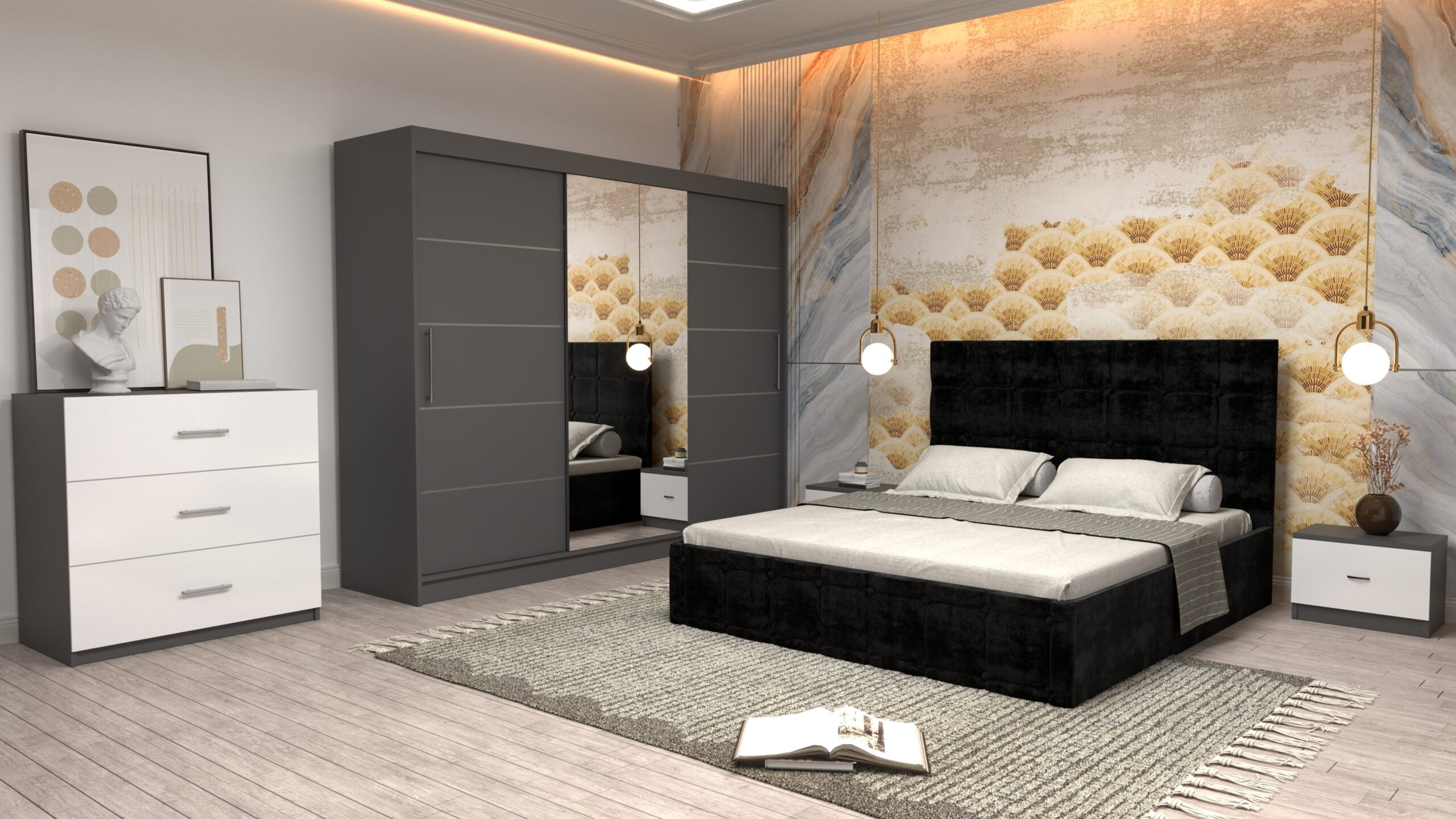 n9-scaled-1.jpg Dormitor Regal cu Pat Matrimonial Negru Stofa Dulap usi glisante 250 x 200 cm Gri cu usi Gri Cu Oglinda si Noptiere comoda TV - imagine 1