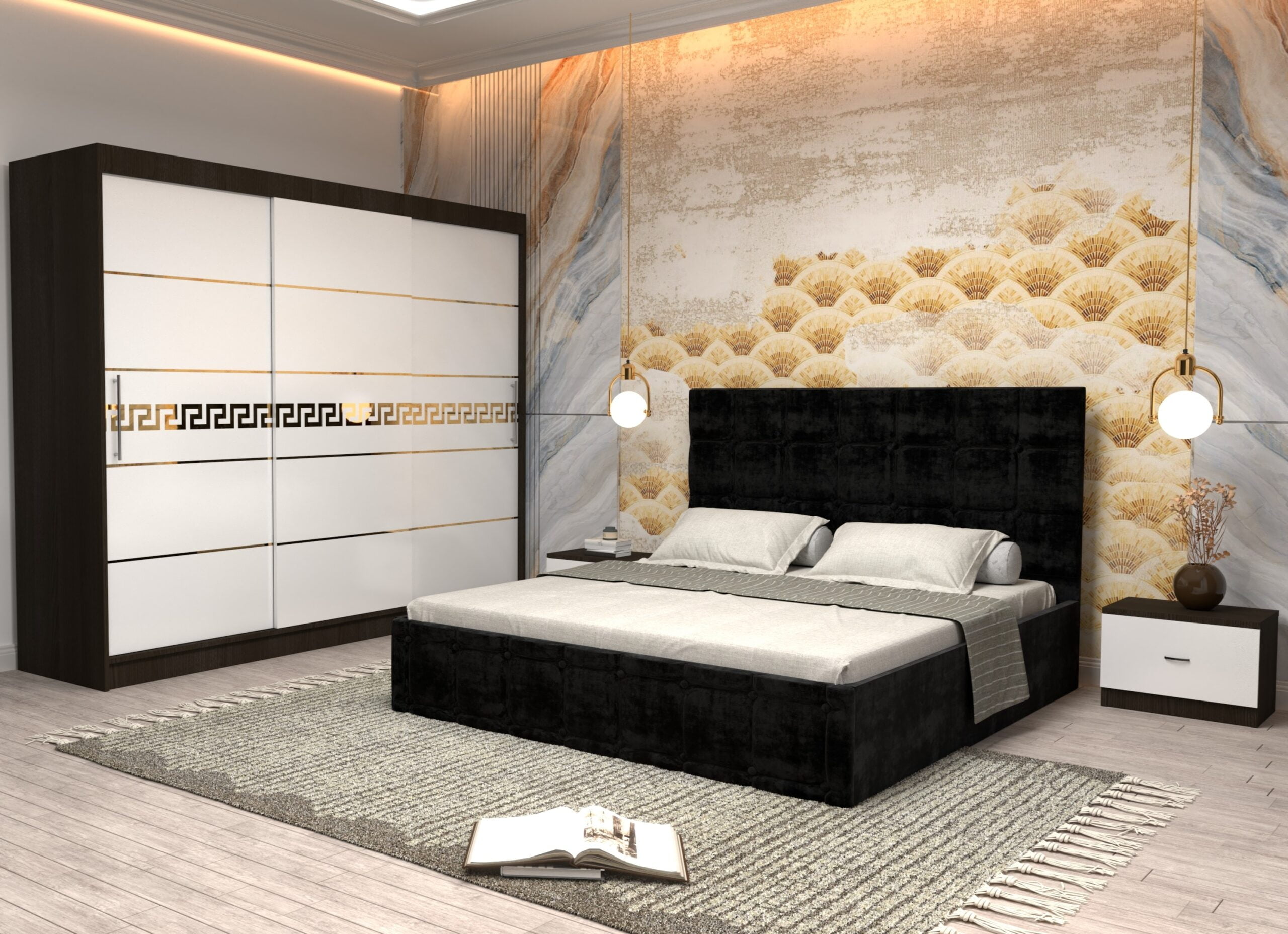 negru-12-scaled-1.jpg Dormitor Regal cu Pat Matrimonial Negru Stofa Dulap Gold usi glisante 250 x 200 cm Wenghe cu usi Albe Fara Oglinda si Noptiere - imagine 1