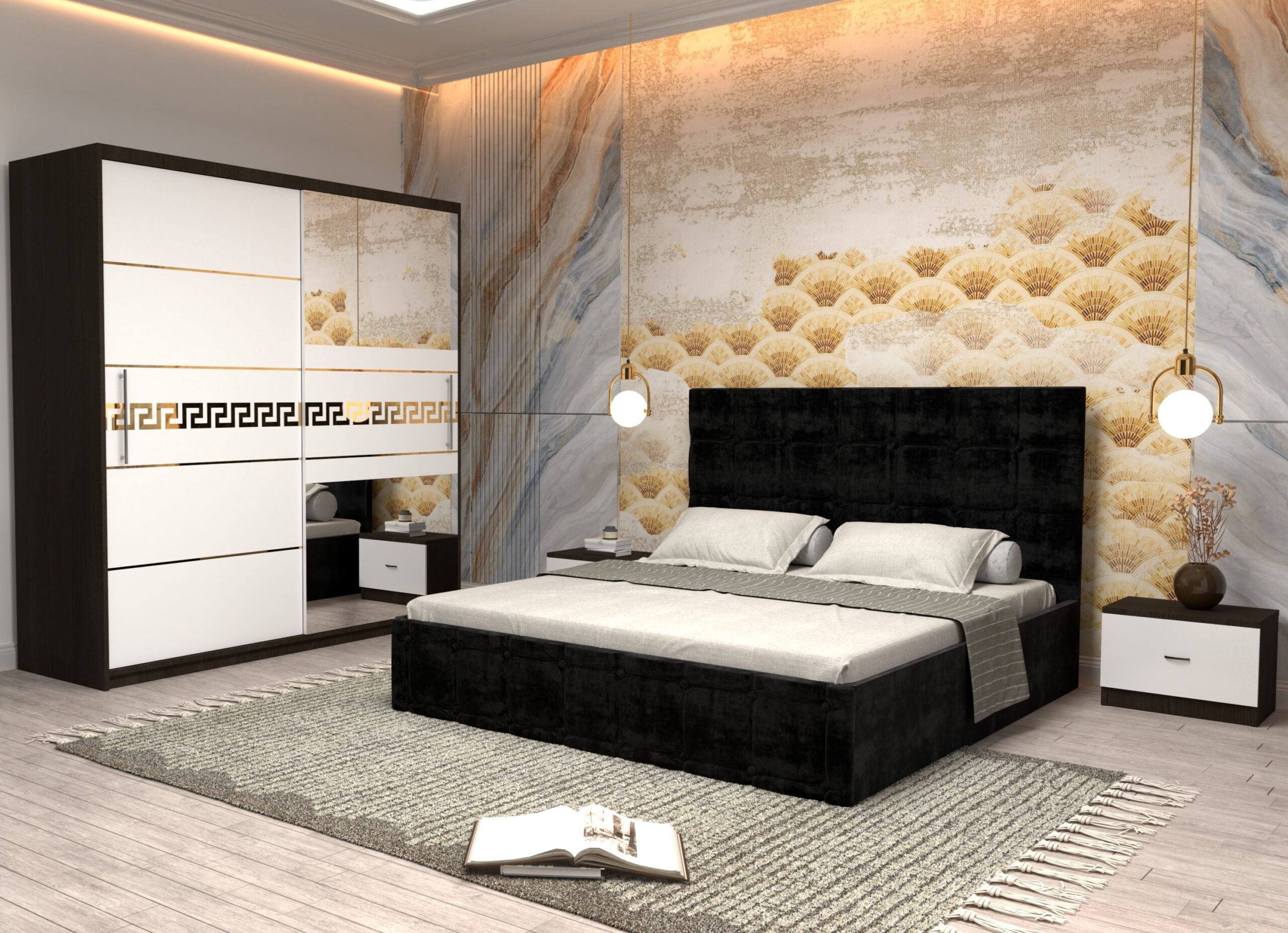 negru-13-scaled-1.jpg Dormitor Regal cu Pat Matrimonial Negru Stofa Dulap Gold usi glisante 200 x 200 cm Wenghe cu usi Albe Cu Oglinda si Noptiere - imagine 1
