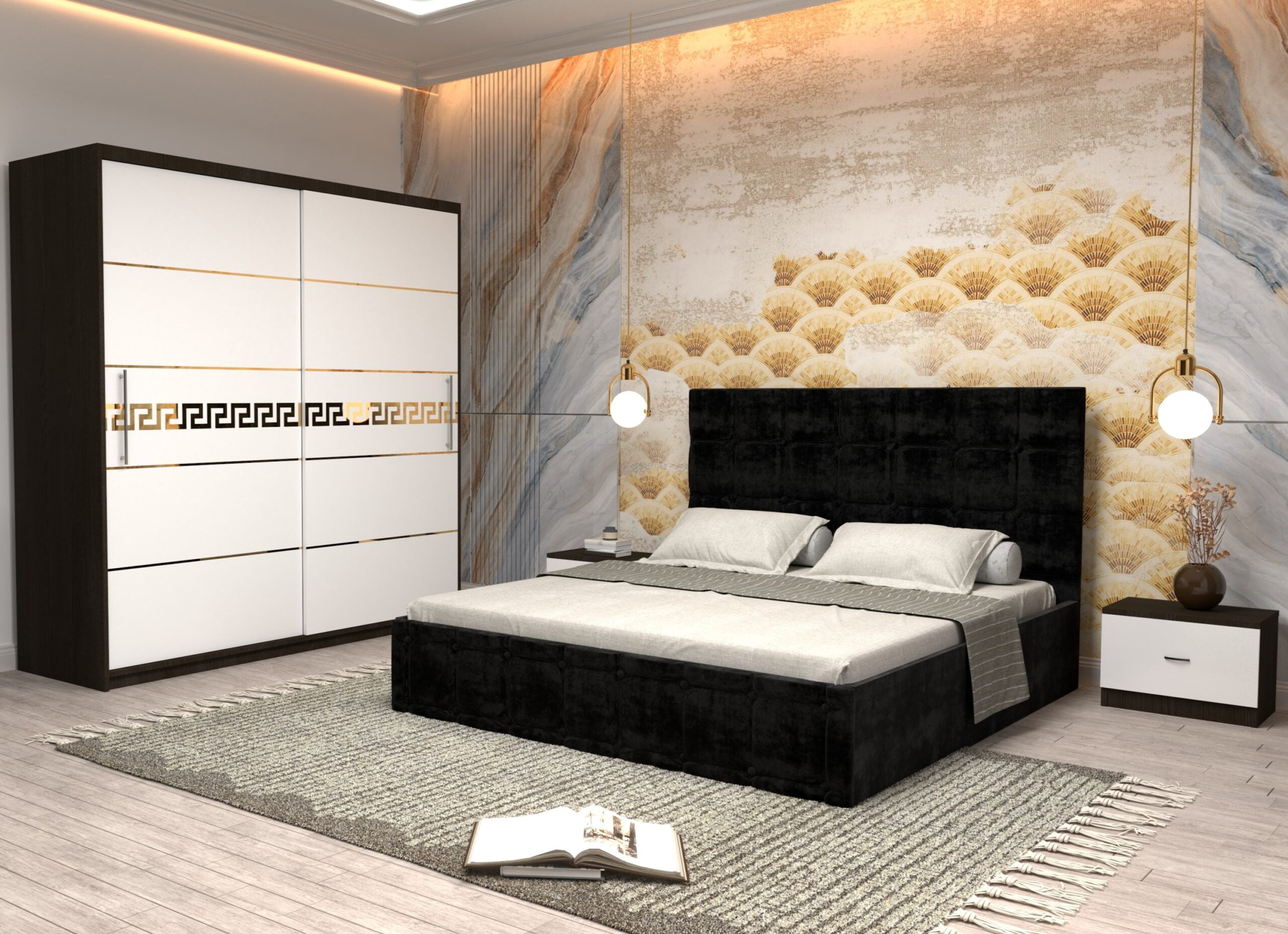 negru-14-scaled-1.jpg Dormitor Regal cu Pat Matrimonial Negru Stofa Dulap Gold usi glisante 200 x 200 cm Wenghe cu usi Albe Fara Oglinda si Noptiere - imagine 1