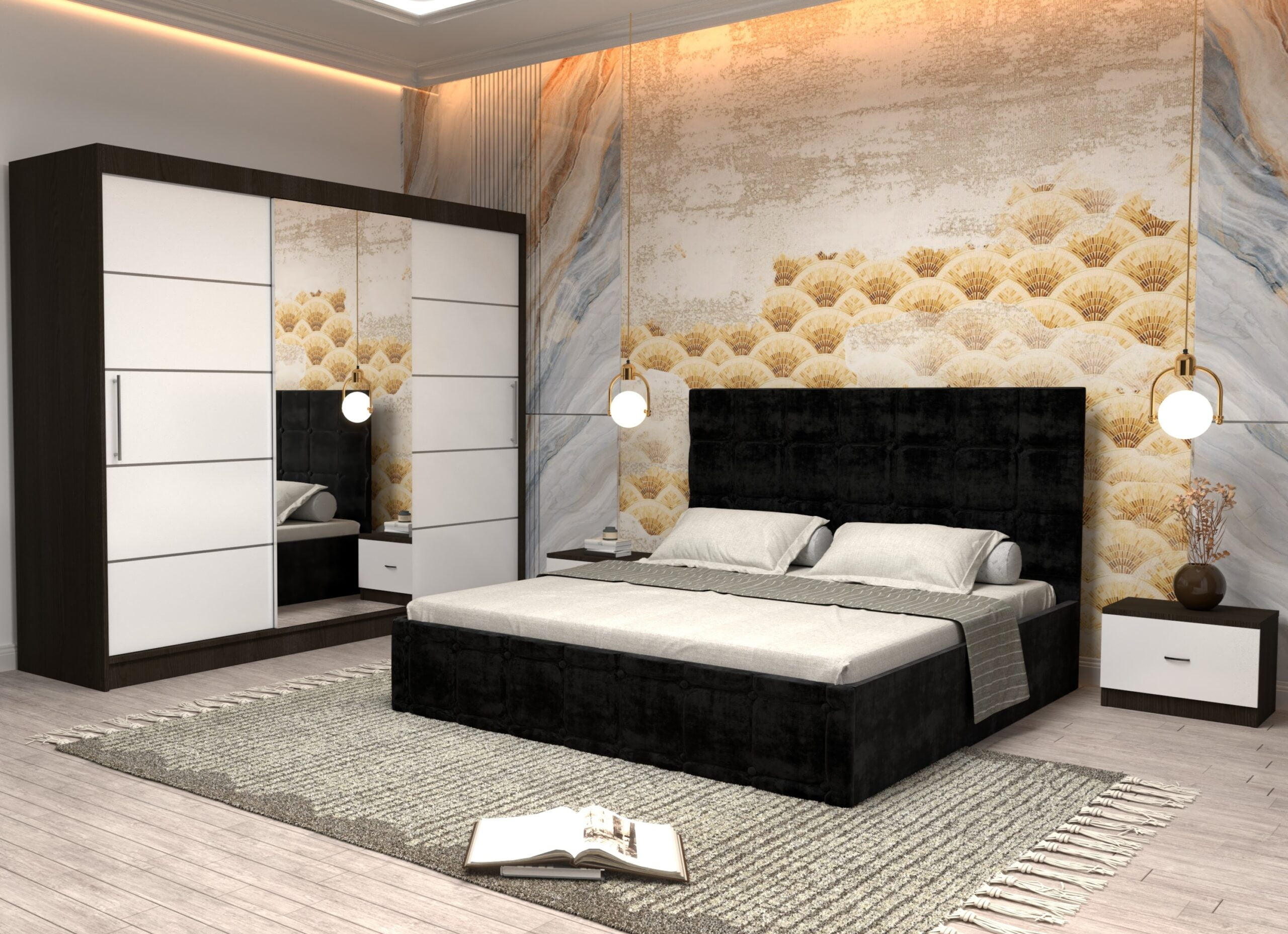 negru-16-scaled-1.jpg Dormitor Regal cu Pat Matrimonial Negru Stofa Dulap usi glisante 250 x 200 cm Wenghe cu usi Albe Cu Oglinda si Noptiere - imagine 1