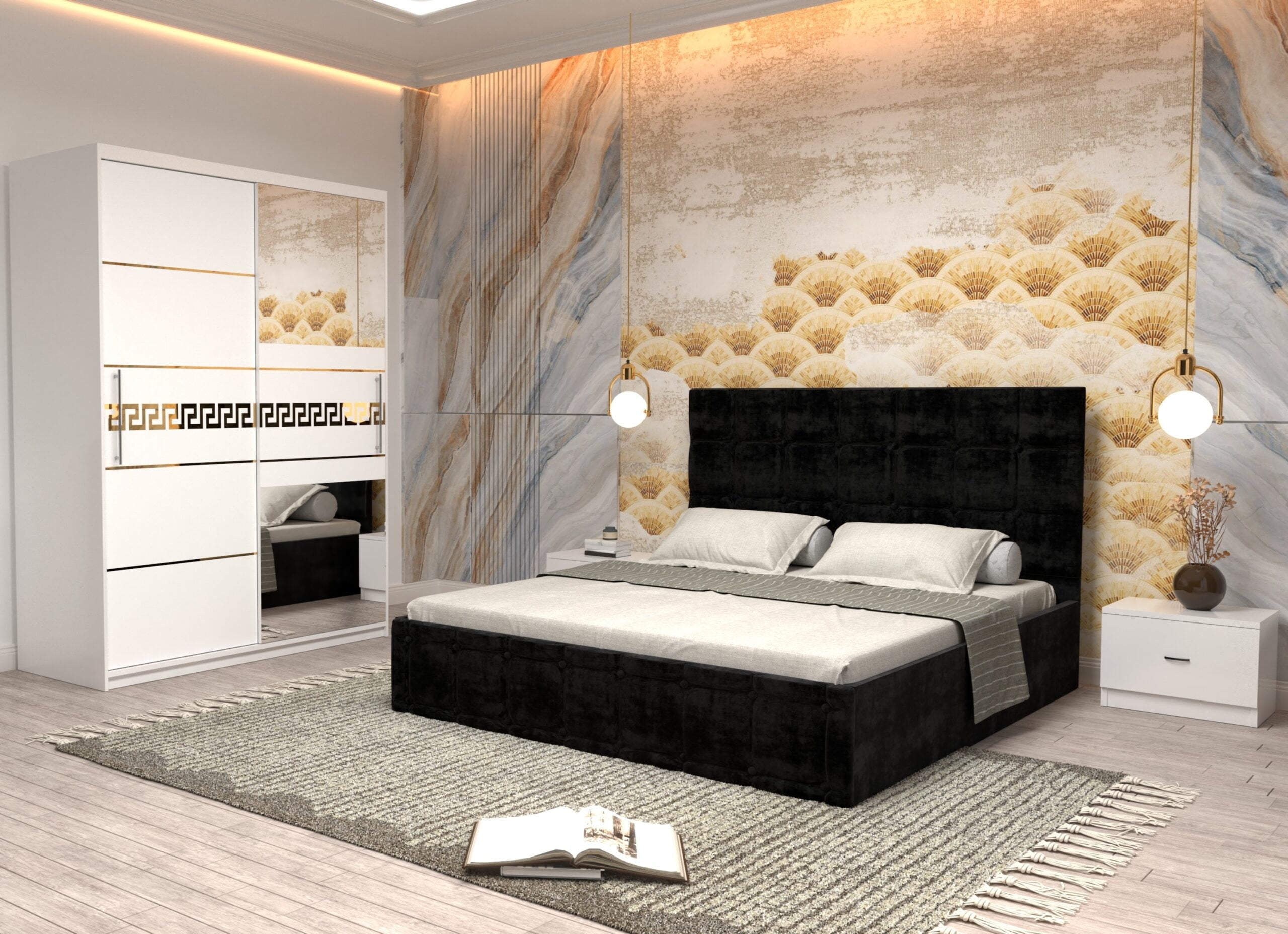 negru-19-scaled-1.jpg Dormitor Regal cu Pat Matrimonial Negru Stofa Dulap Gold usi glisante 150 x 200 cm Alb cu usi Albe Cu Oglinda si Noptiere - imagine 1