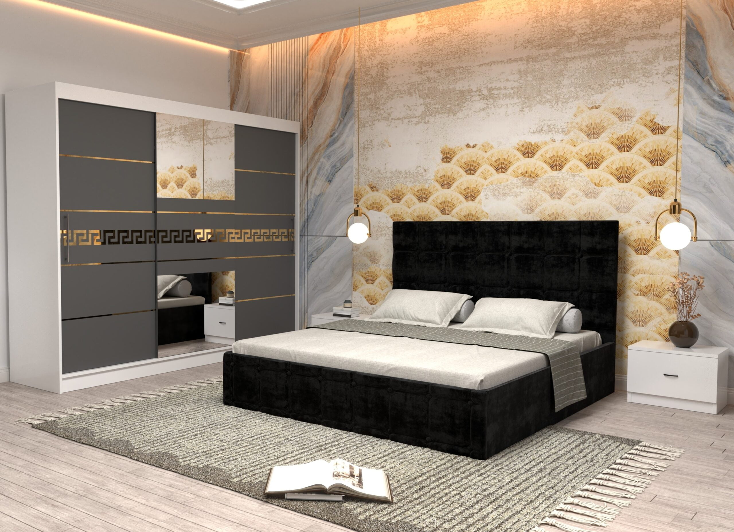 negru-3-scaled-1.jpg Dormitor Regal cu Pat Matrimonial Negru Stofa Dulap Gold usi glisante 250 x 200 cm Alb cu usi Gri cu Oglinda si Noptiere - imagine 1