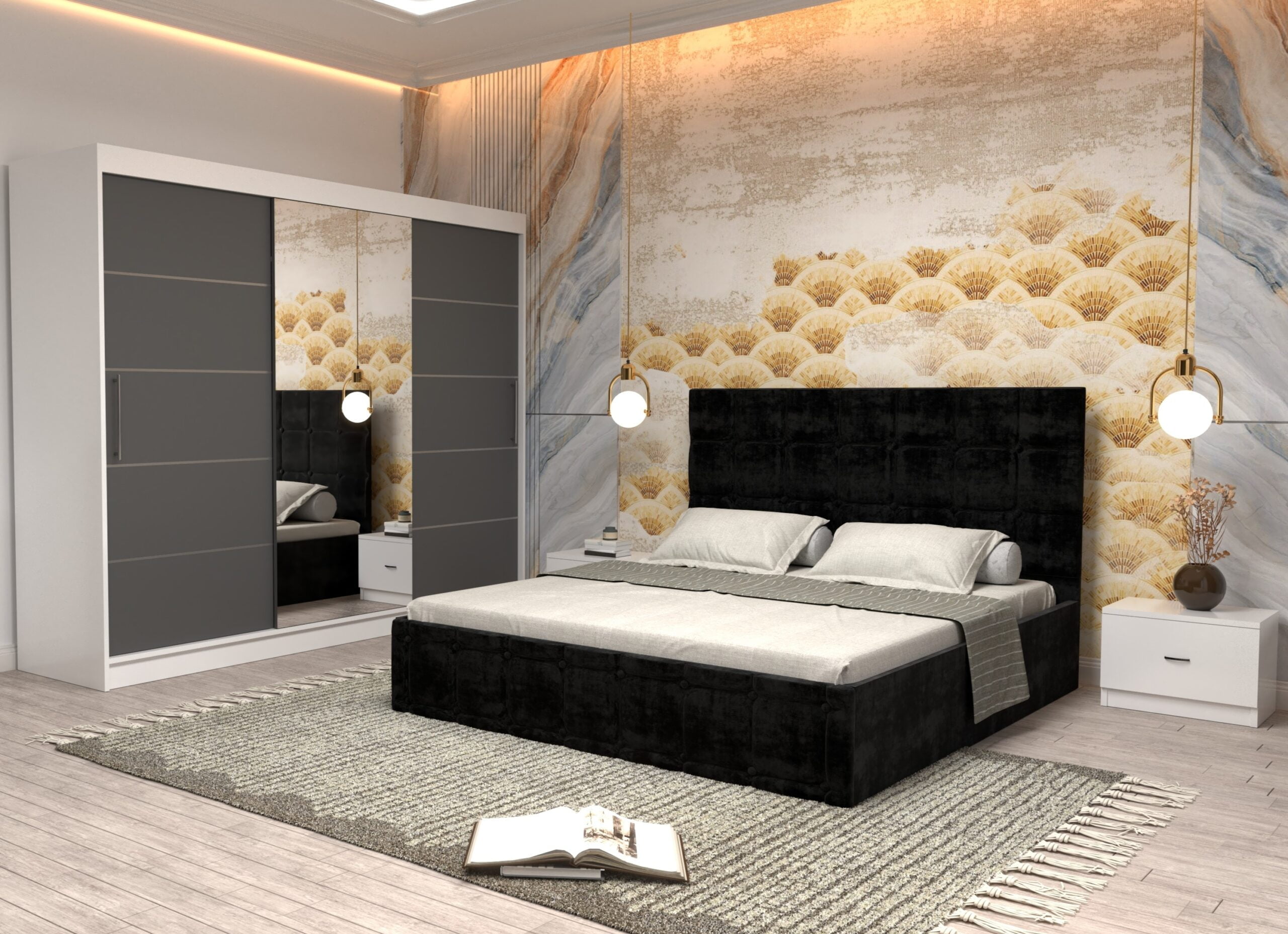 negru-4-scaled-1.jpg Dormitor Regal cu Pat Matrimonial Negru Stofa Dulap usi glisante 250 x 200 cm Alb cu usi Gri cu Oglinda si Noptiere - imagine 1