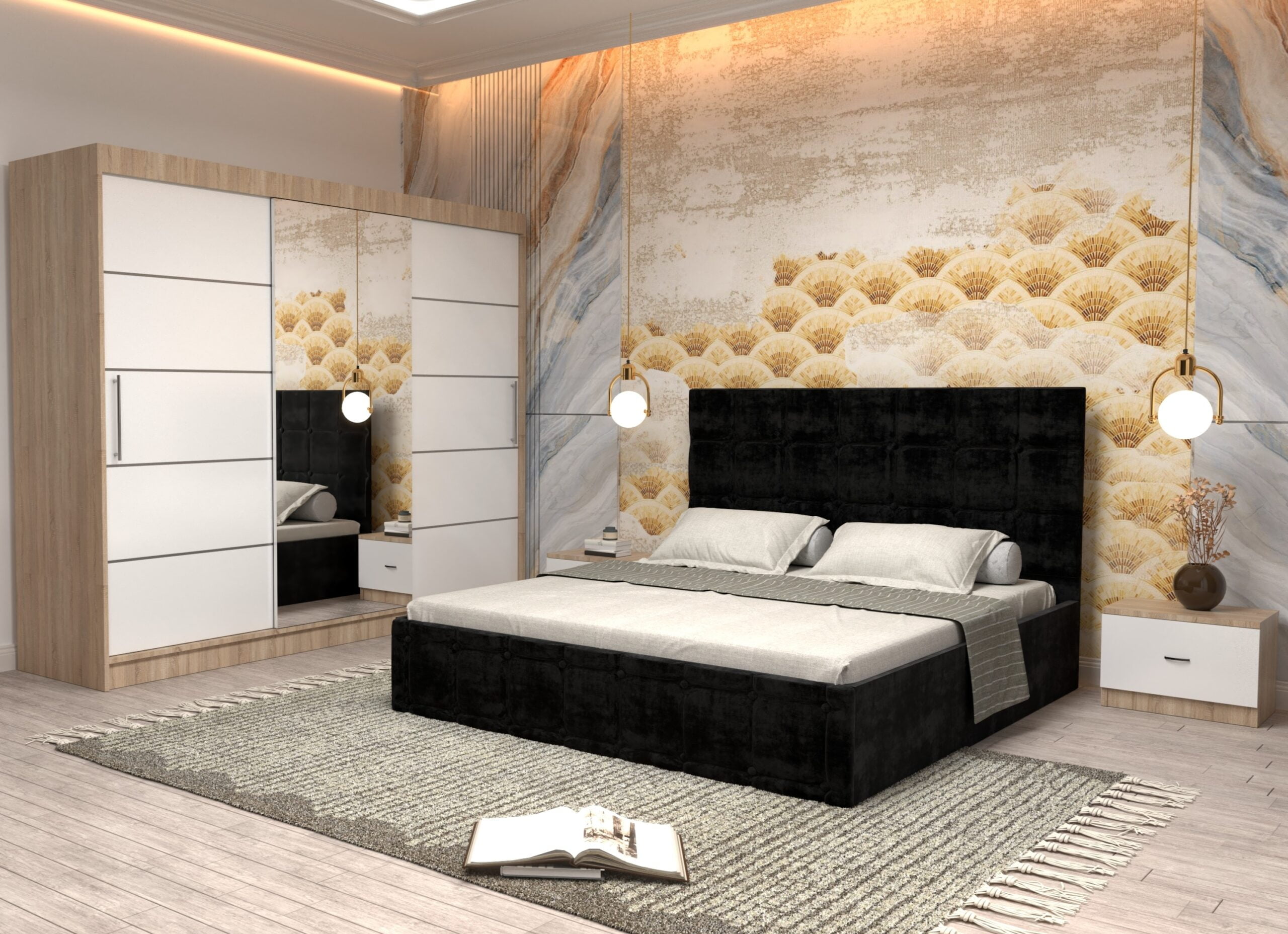 negru-7-scaled-1.jpg Dormitor Regal cu Pat Matrimonial Negru Stofa Dulap usi glisante 250 x 200 cm Sonoma cu usi Albe Cu Oglinda si Noptiere - imagine 1