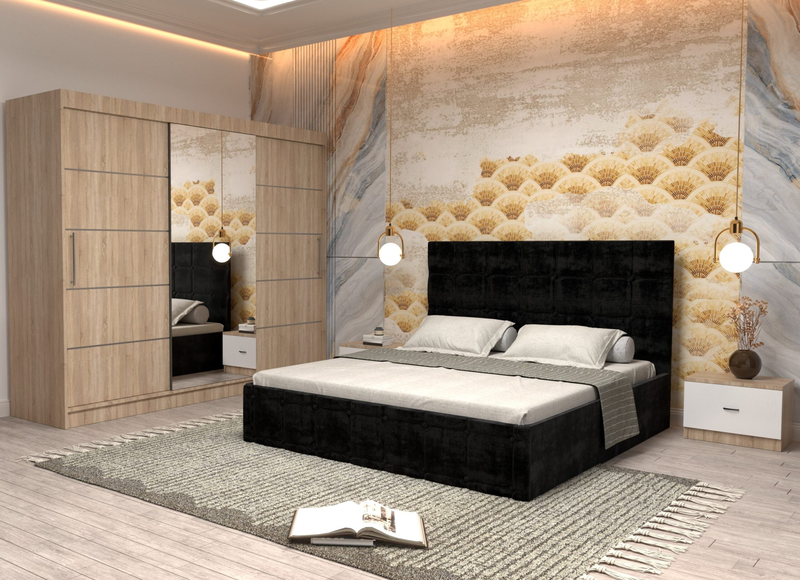 negru-8-scaled-1.jpg Dormitor Regal cu Pat Matrimonial Negru Stofa Dulap usi glisante 250 x 200 cm Sonoma cu usi Sonoma Cu Oglinda si Noptiere - imagine 1