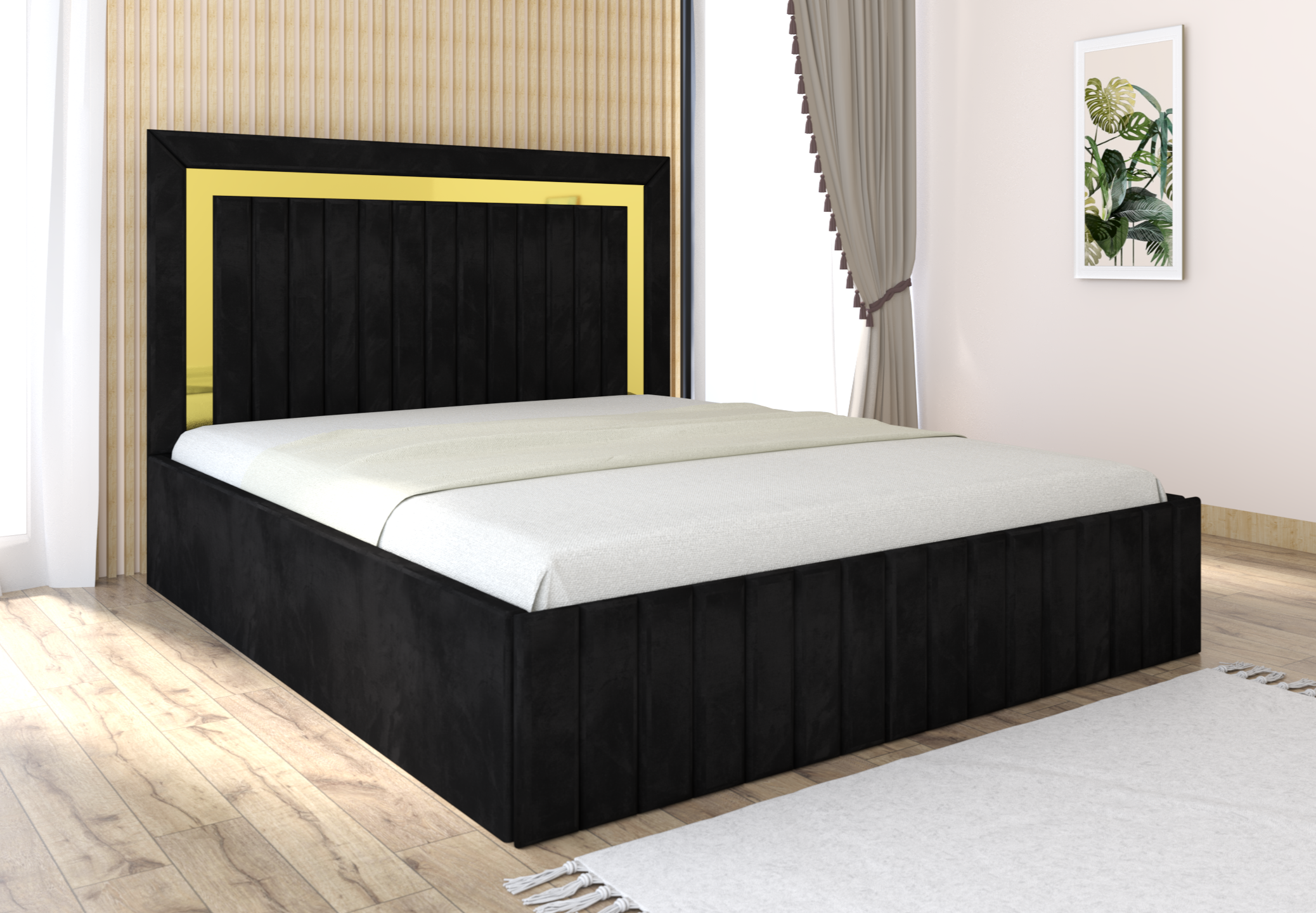 negru-gold.png Pat tapitat Matei Negru Stofa cu oglinda Gold - imagine 1