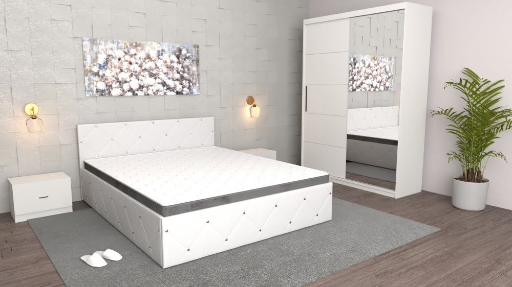 set-dormitor-milano-alb-cu-pat-matrimonialnoptiere-si-dulap-.jpg Set Dormitor Milano Alb cu Pat Matrimonial Alb ,Noptiere Albe si Dulap usi glisante cu oglinda Alb - imagine 1