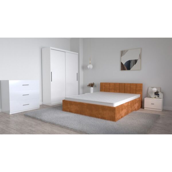 Set Dormitor Oliver Alb cu pat tapitat Caramiziu Dressing 2 usi glisante fara oglinda Noptiere si Comoda TV 3 sertare