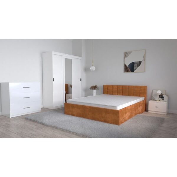 Set Dormitor Oliver Alb cu pat tapitat Caramiziu Dressing 3 usi glisante cu oglinda Noptiere si Comoda TV 3 sertare