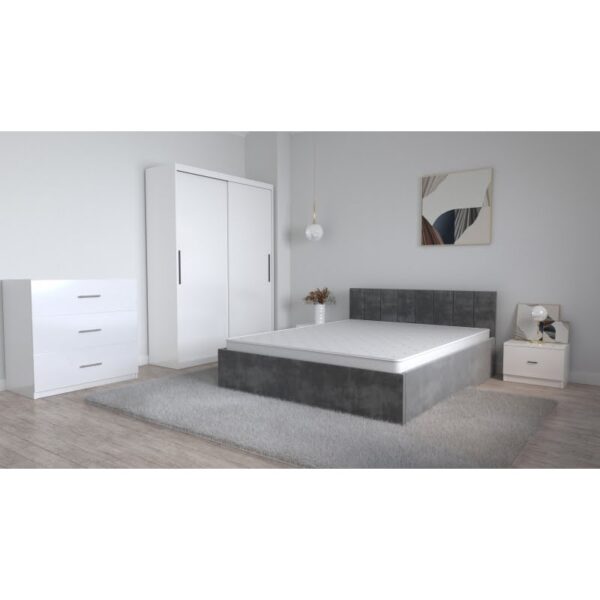 Set Dormitor Oliver Alb cu pat tapitat Gri Dressing 2 usi glisante fara oglinda Noptiere si Comoda TV 3 sertare