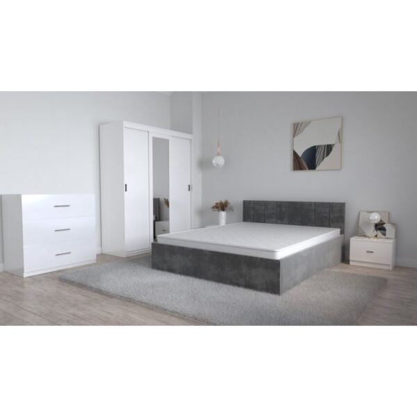 Set Dormitor Oliver Alb cu pat tapitat Gri Dressing 3 usi glisante cu oglinda Noptiere si Comoda TV 3 sertare