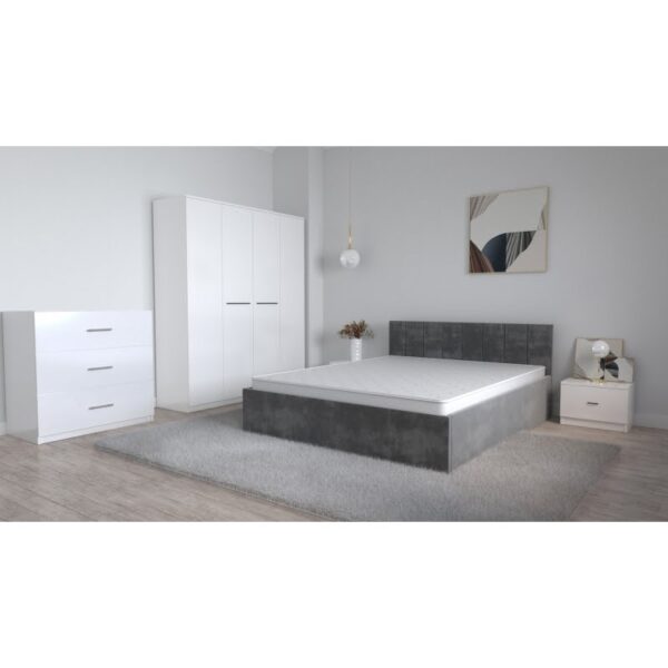 Set Dormitor Oliver Alb cu pat tapitat Gri Dulap Lorena 4 usi Noptiere si Comoda TV 3 sertare