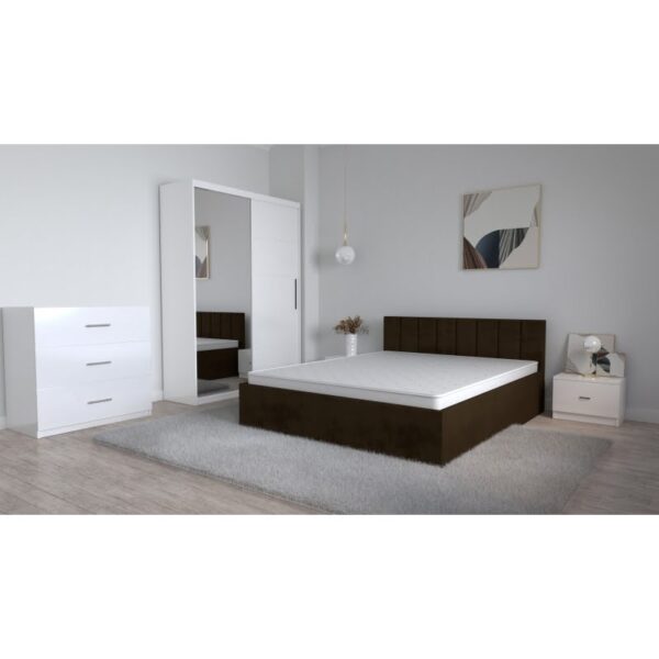 Set Dormitor Oliver Alb cu pat tapitat Maro inchis Dressing 2 usi glisante cu oglinda Noptiere si Comoda TV 3 sertare
