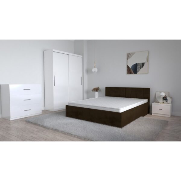 Set Dormitor Oliver Alb cu pat tapitat Maro inchis Dressing 2 usi glisante fara oglinda Noptiere si Comoda TV 3 sertare