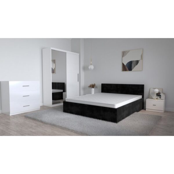 Set Dormitor Oliver Alb cu pat tapitat Negru Dressing 2 usi glisante cu oglinda Noptiere si Comoda TV 3 sertare