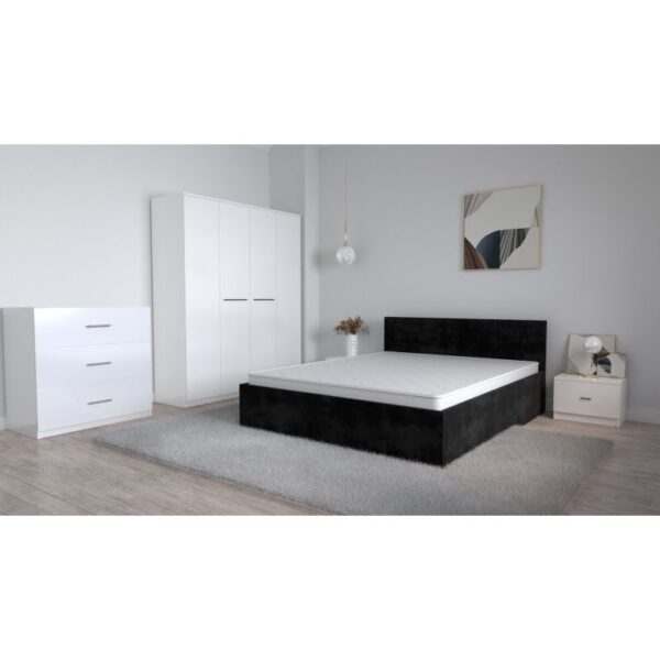Set Dormitor Oliver Alb cu pat tapitat Negru Dulap Lorena 4 usi Noptiere si Comoda TV 3 sertare