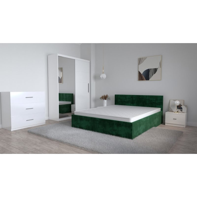 set-dormitor-oliver-alb-cu-pat-tapitat-negru-dulap-lorena-3-usi-noptiere-si-comoda-tv-3-sertare-11.jpg Set Dormitor Oliver Alb cu Pat Tapitat Verde Stofa Dressing 2 usi glisante cu oglinda Noptiere si comoda Tv 3 sertare - imagine 1