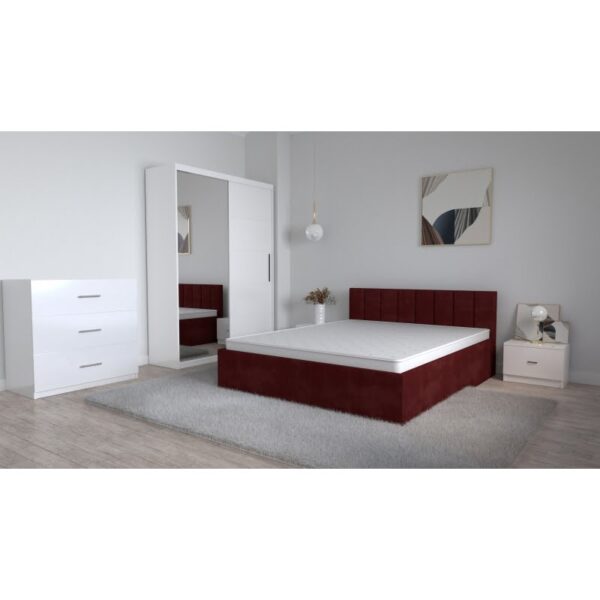 Set Dormitor Oliver Alb cu pat tapitat Visiniu Dressing 2 usi glisante cu oglinda Noptiere si Comoda TV 3 sertare