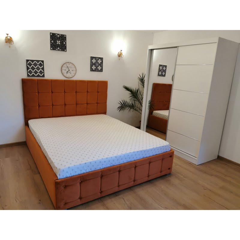 set-dormitor-regal-cu-pat-tapitat-caramiziu-160-cm-x-200-cm-2.jpg Set Dormitor Regal cu Pat Tapitat Caramiziu din stofa Dulap Gabriel 2 usi glisante cu oglinda - imagine 4