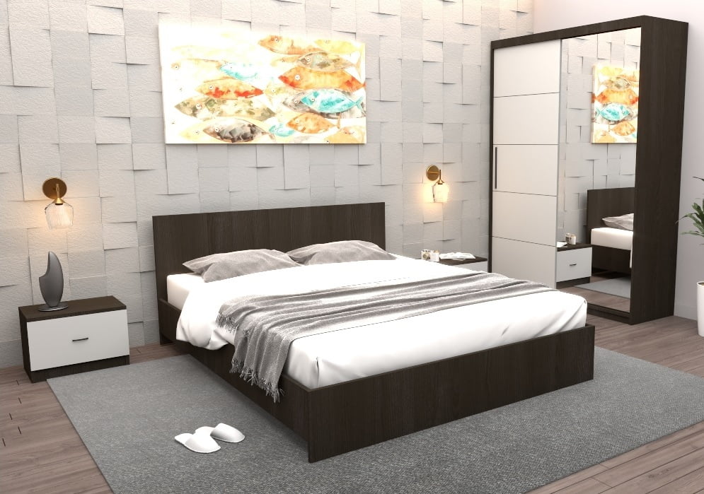 set-dormitor-tania-wenghe-alb-pat-160-cm-x-200-cm-noptiere-dulap-cu-usi-glisante-150-cm-x-200-cm-.jpg Dormitor Tania Wenge 160 cu Oglinda - imagine 1