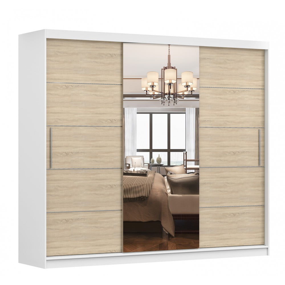 szafa-alba-i-250-cm.jpg Dressing Amelia 250 cm Alb cu usi Sonoma glisante cu oglinda - imagine 1