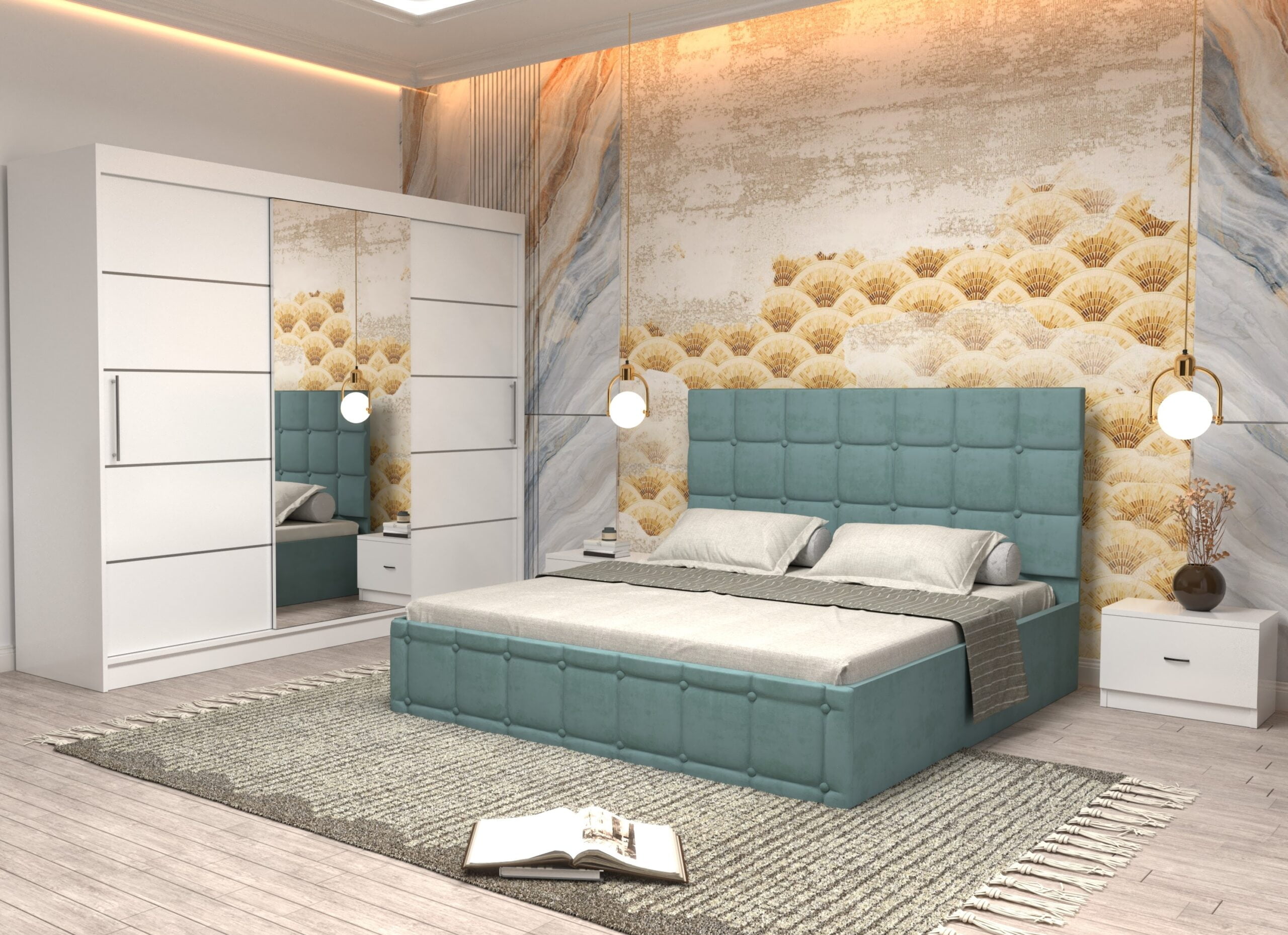 turc-1-scaled-1.jpg Dormitor Regal cu Pat Matrimonial Turcoaz Stofa Dulap usi glisante 250 x 200 cm Alb cu usi Albe Cu Oglinda si Noptiere - imagine 1