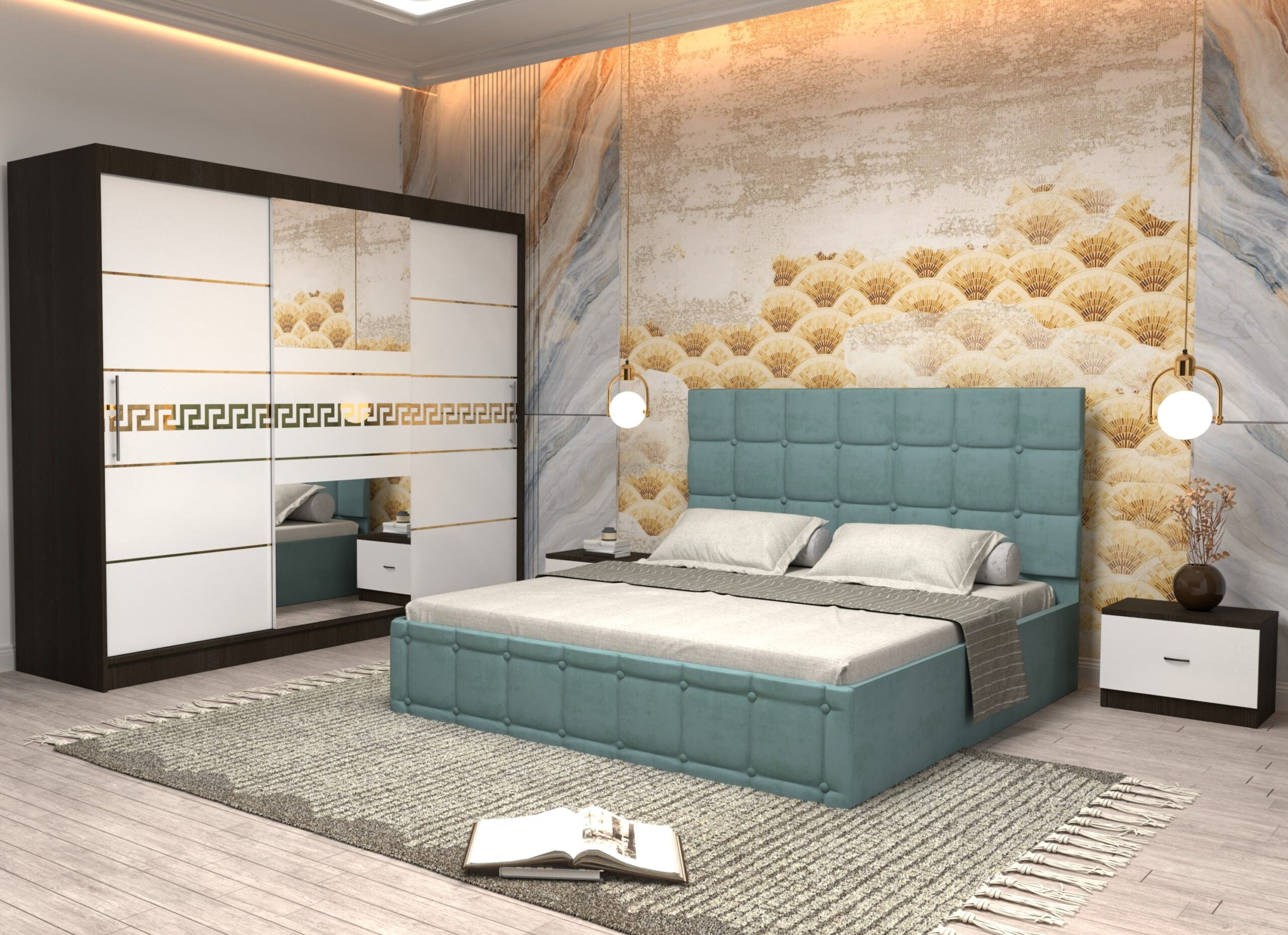 turc-11-scaled-1.jpg Dormitor Regal cu Pat Matrimonial Turcoaz Stofa Dulap Gold usi glisante 250 x 200 cm Wenghe cu usi Albe Cu Oglinda si Noptiere - imagine 1