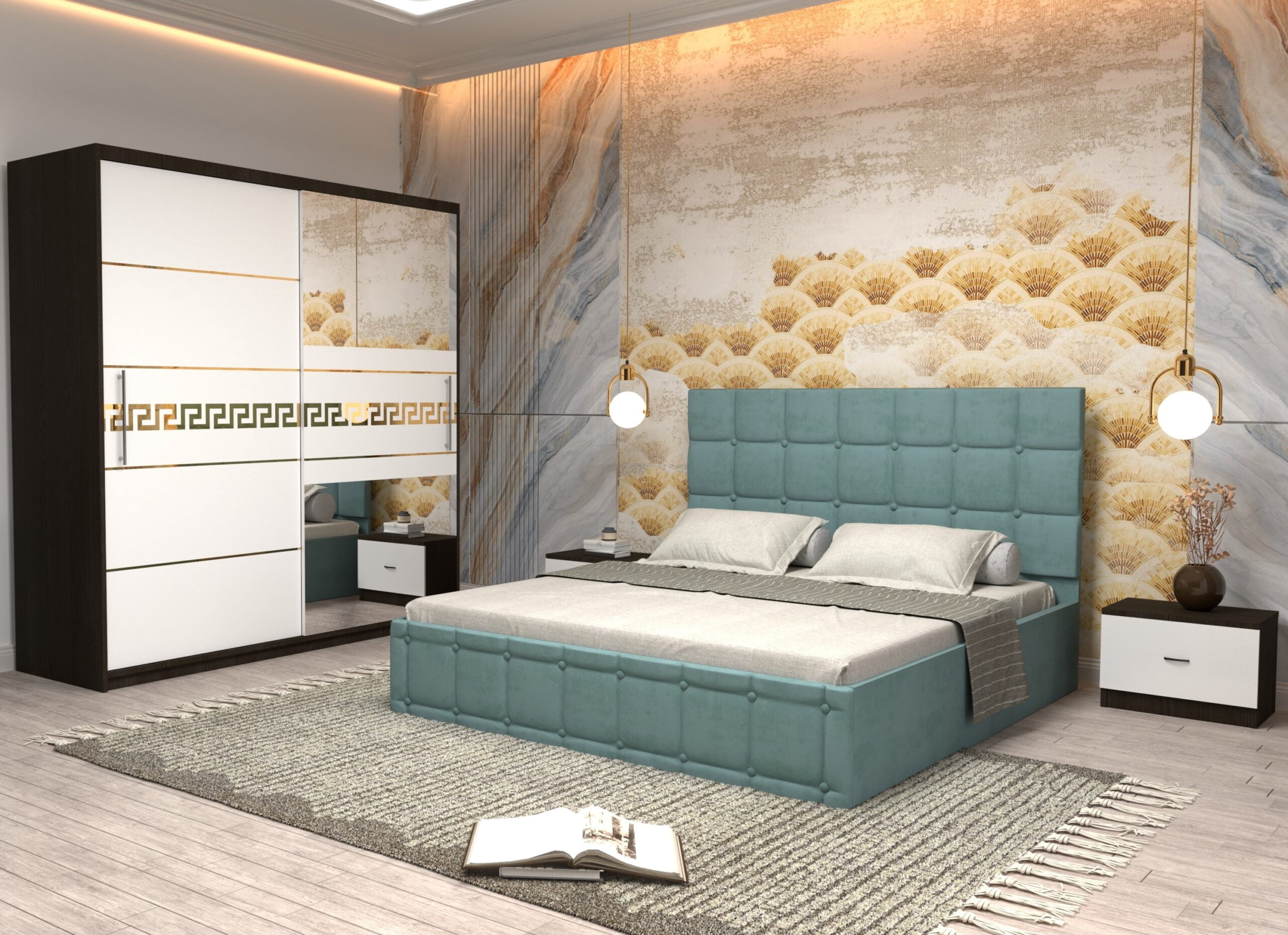 turc-13-scaled-1.jpg Dormitor Regal cu Pat Matrimonial Turcoaz Stofa Dulap Gold usi glisante 200 x 200 cm Wenghe cu usi Albe Cu Oglinda si Noptiere - imagine 1