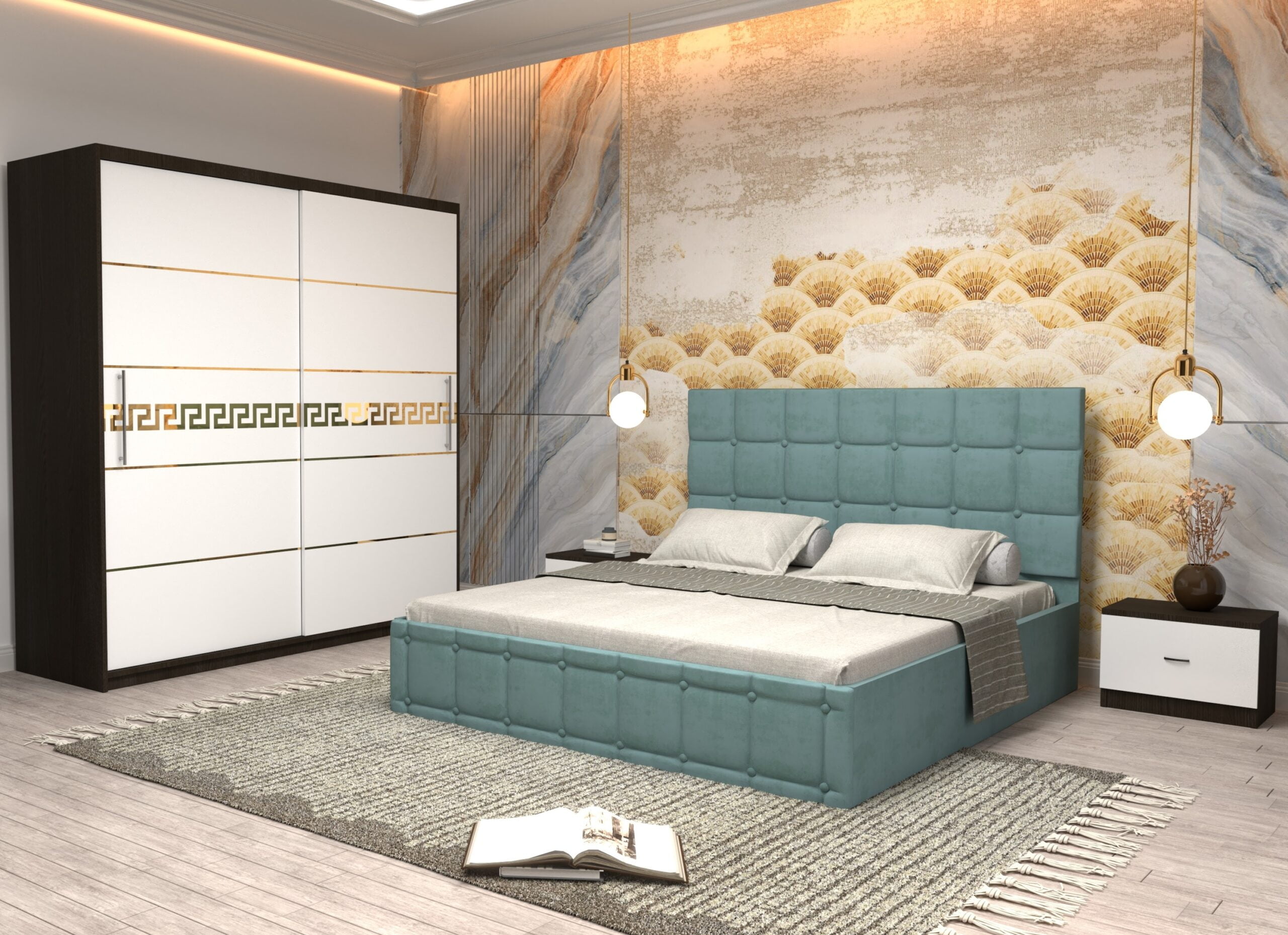 turc-14-scaled-1.jpg Dormitor Regal cu Pat Matrimonial Turcoaz Stofa Dulap Gold usi glisante 200 x 200 cm Wenghe cu usi Albe Fara Oglinda si Noptiere - imagine 1