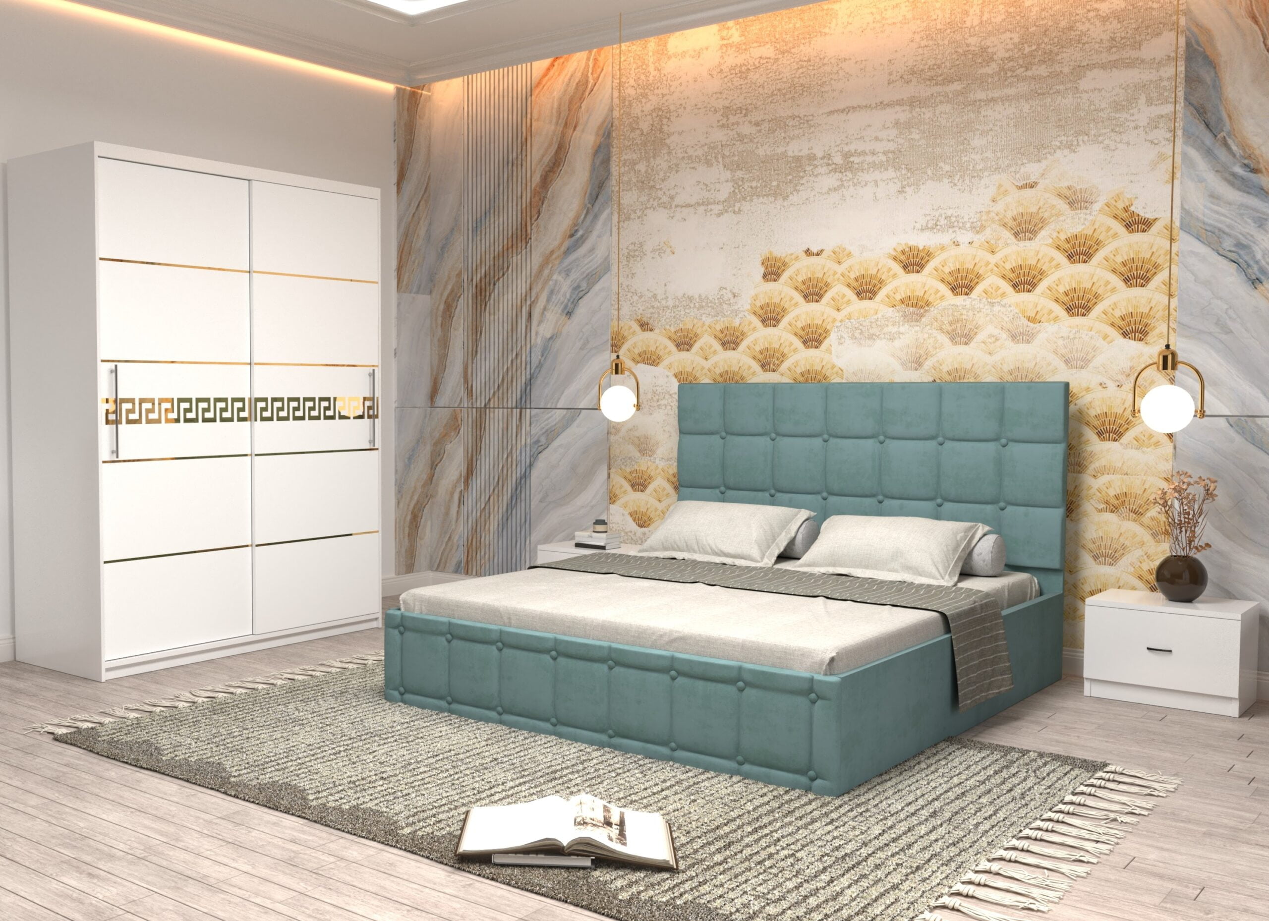 turc-20-scaled-1.jpg Dormitor Regal cu Pat Matrimonial Turcoaz Stofa Dulap Gold usi glisante 150 x 200 cm Alb cu usi Albe Fara Oglinda si Noptiere - imagine 1