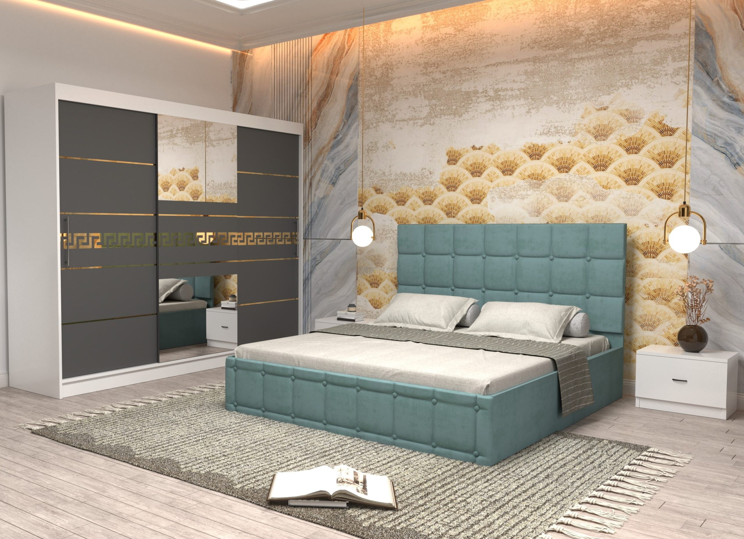 turc-3-scaled-1.jpg Dormitor Regal cu Pat Matrimonial Turcoaz Stofa Dulap Gold usi glisante 250 x 200 cm Alb cu usi Gri cu Oglinda si Noptiere - imagine 1