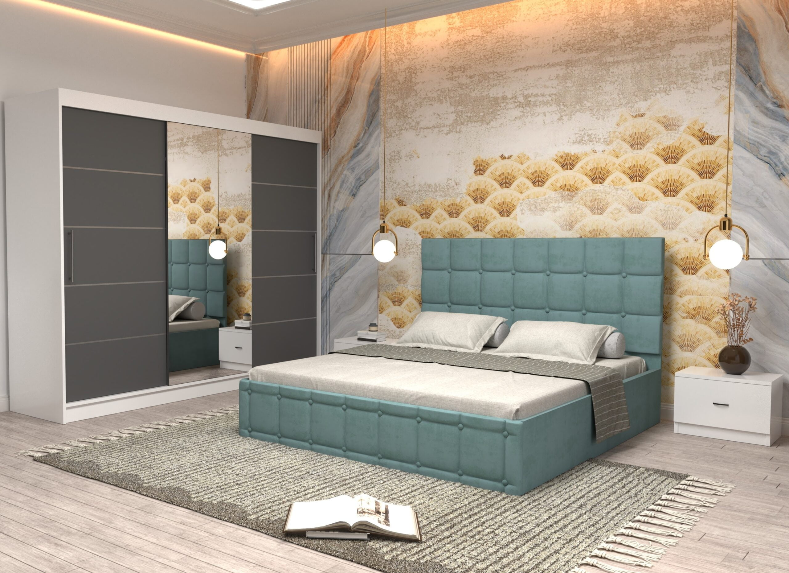 turc-4-scaled-1.jpg Dormitor Regal cu Pat Matrimonial Turcoaz Stofa Dulap usi glisante 250 x 200 cm Alb cu usi Gri cu Oglinda si Noptiere - imagine 1